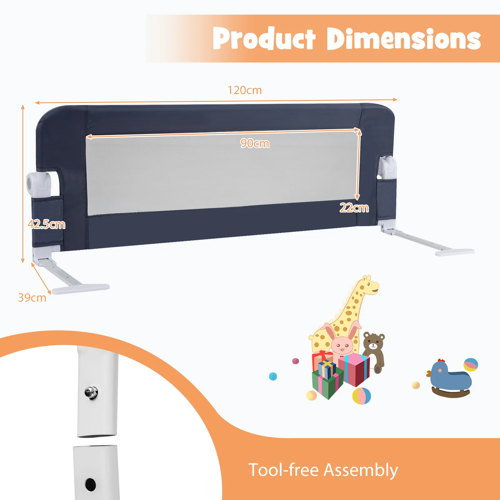 BABY JOY 120*42.5 cm Bed Rail Guard for Toddlers, Universal Baby Fold Down Bed Rail w/Adjustable Safety Strap & Breathable Mesh - Image 8