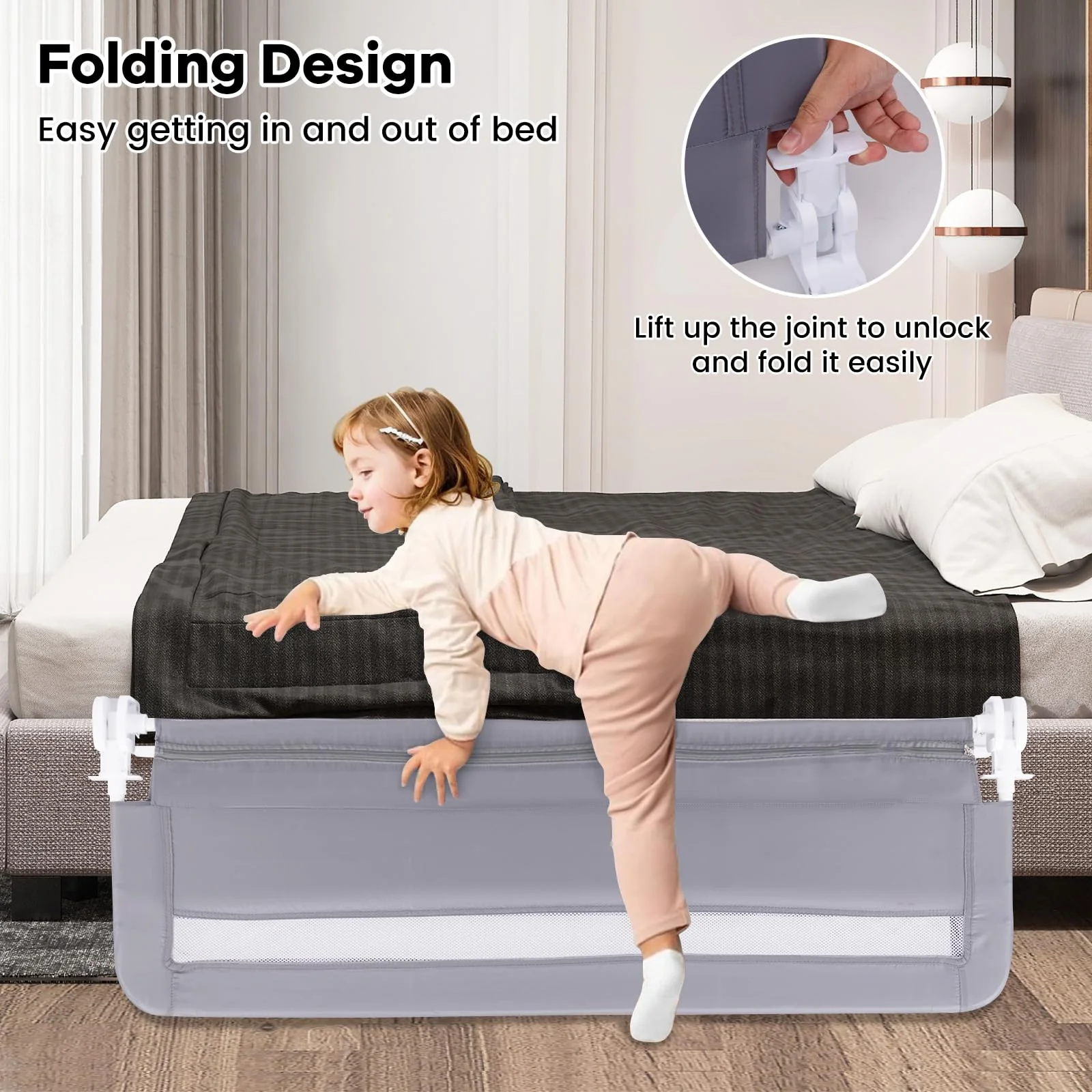 BABY JOY Toddler Foldable Bed Rail Cot Guard Swing Down Baby Kids Safety Bedrail - Image 3