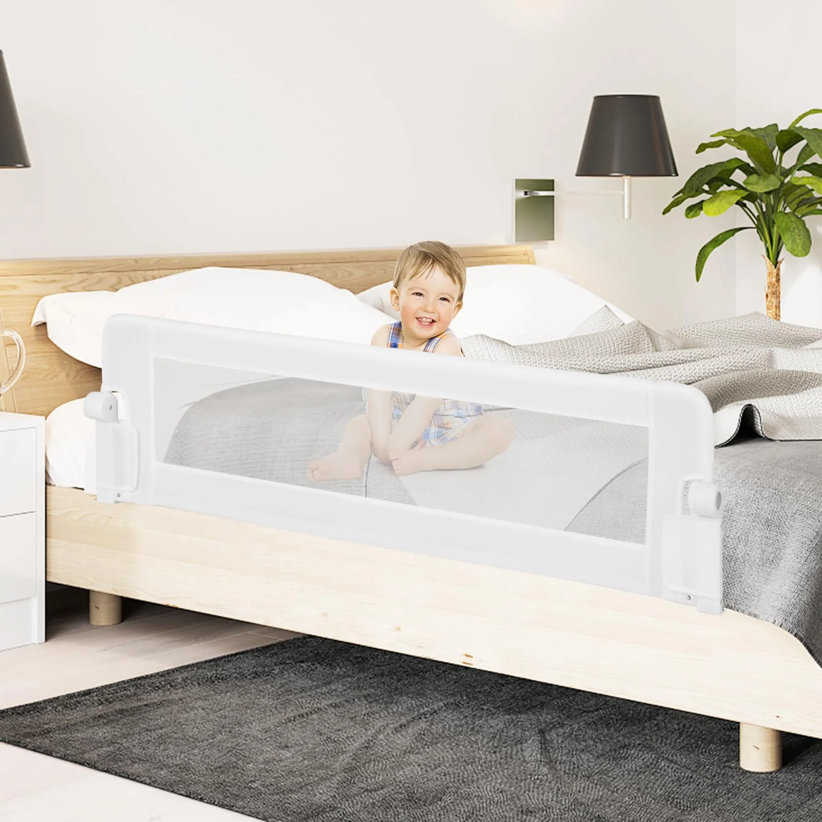BABY JOY 152 x 42 cm Swing Down Baby Bed Guard Rail w/Adjustable Safety Strap - Image 2