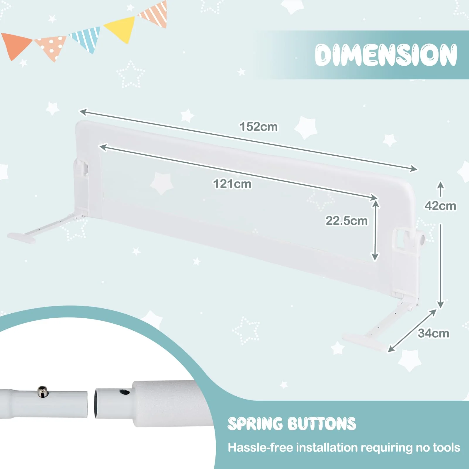 BABY JOY 152 x 42 cm Swing Down Baby Bed Guard Rail w/Adjustable Safety Strap - Image 3