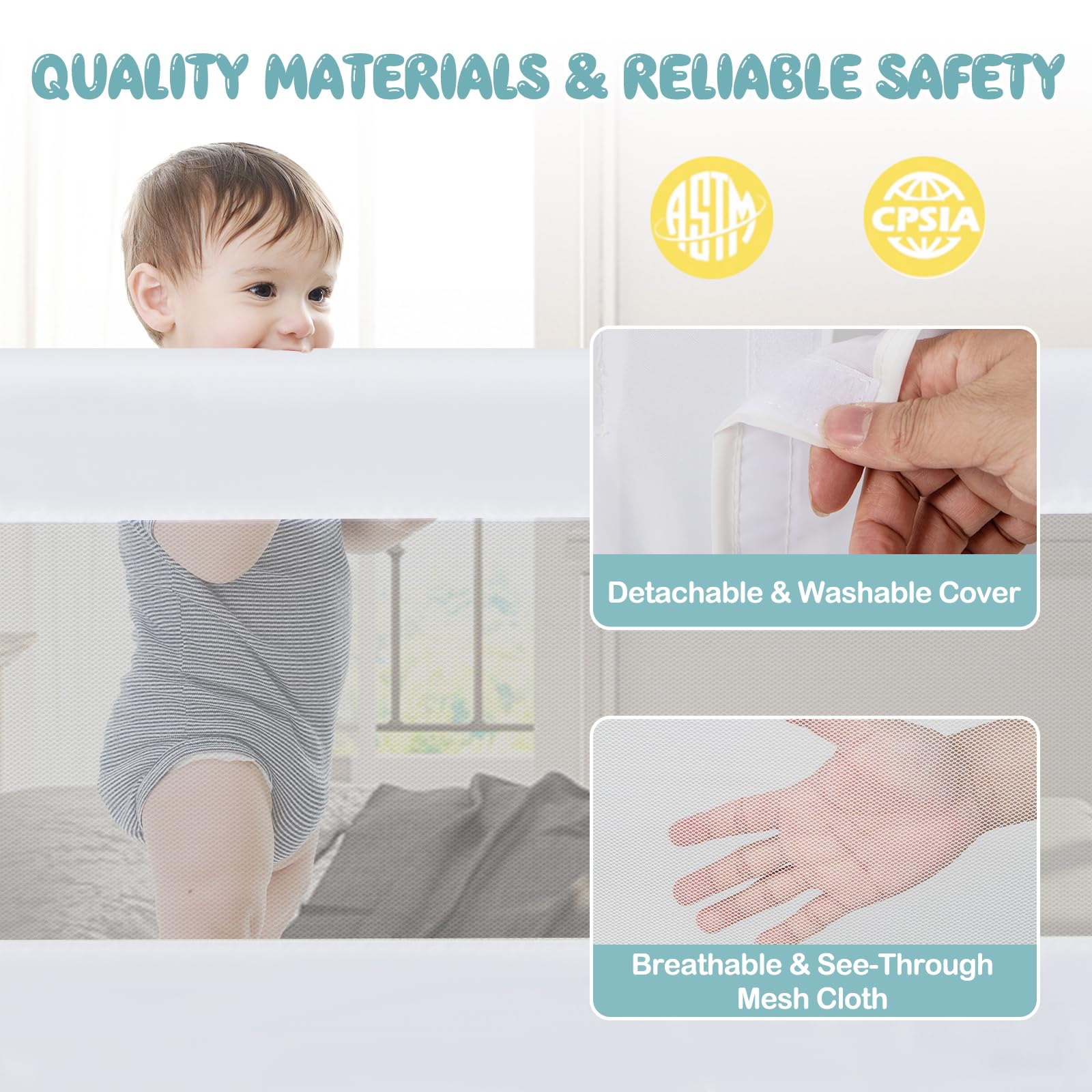 BABY JOY 152 x 42 cm Swing Down Baby Bed Guard Rail w/Adjustable Safety Strap - Image 5