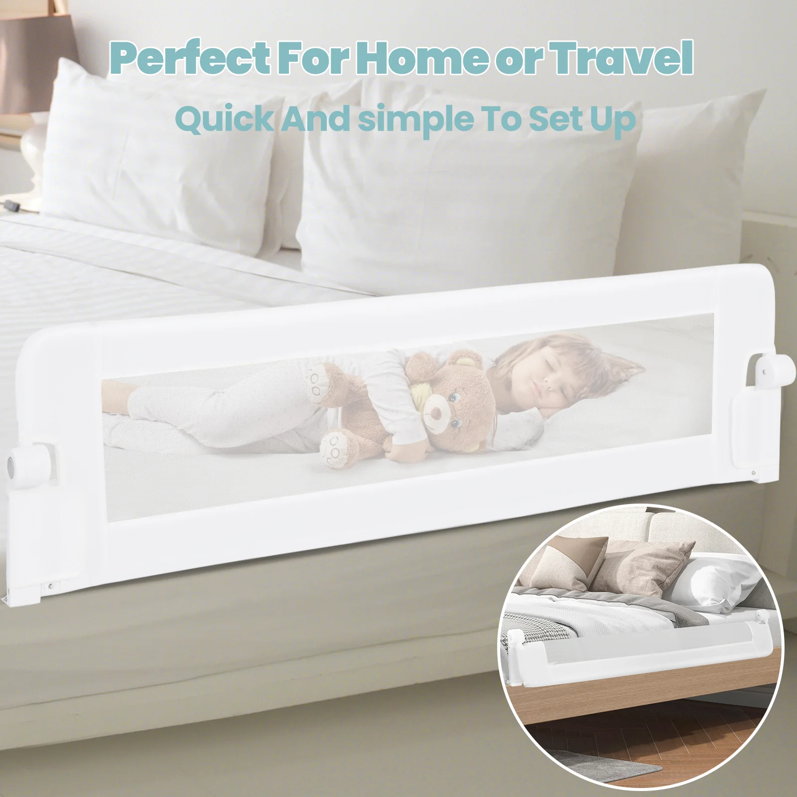 BABY JOY 152 x 42 cm Swing Down Baby Bed Guard Rail w/Adjustable Safety Strap - Image 6