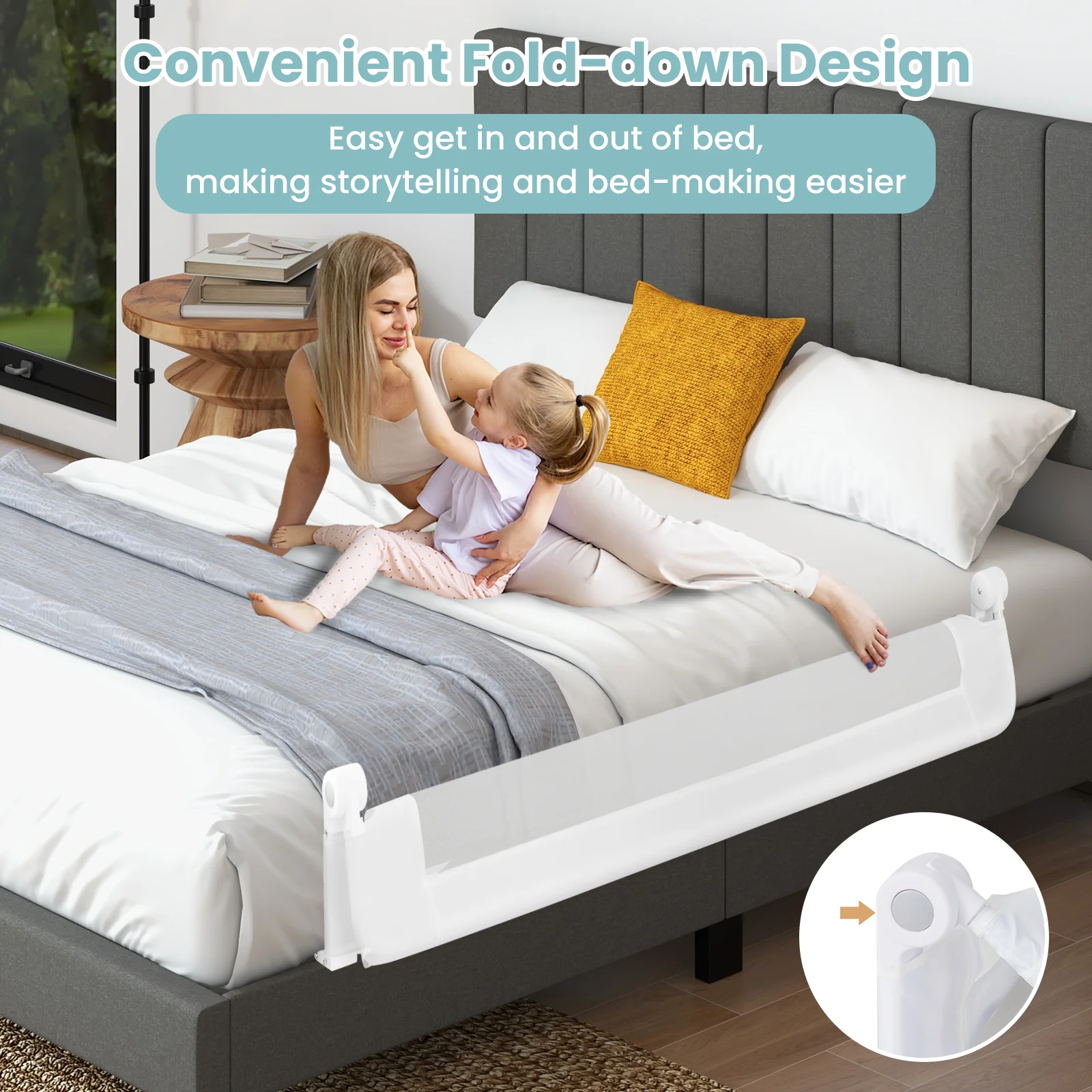 BABY JOY 152 x 42 cm Swing Down Baby Bed Guard Rail w/Adjustable Safety Strap - Image 8