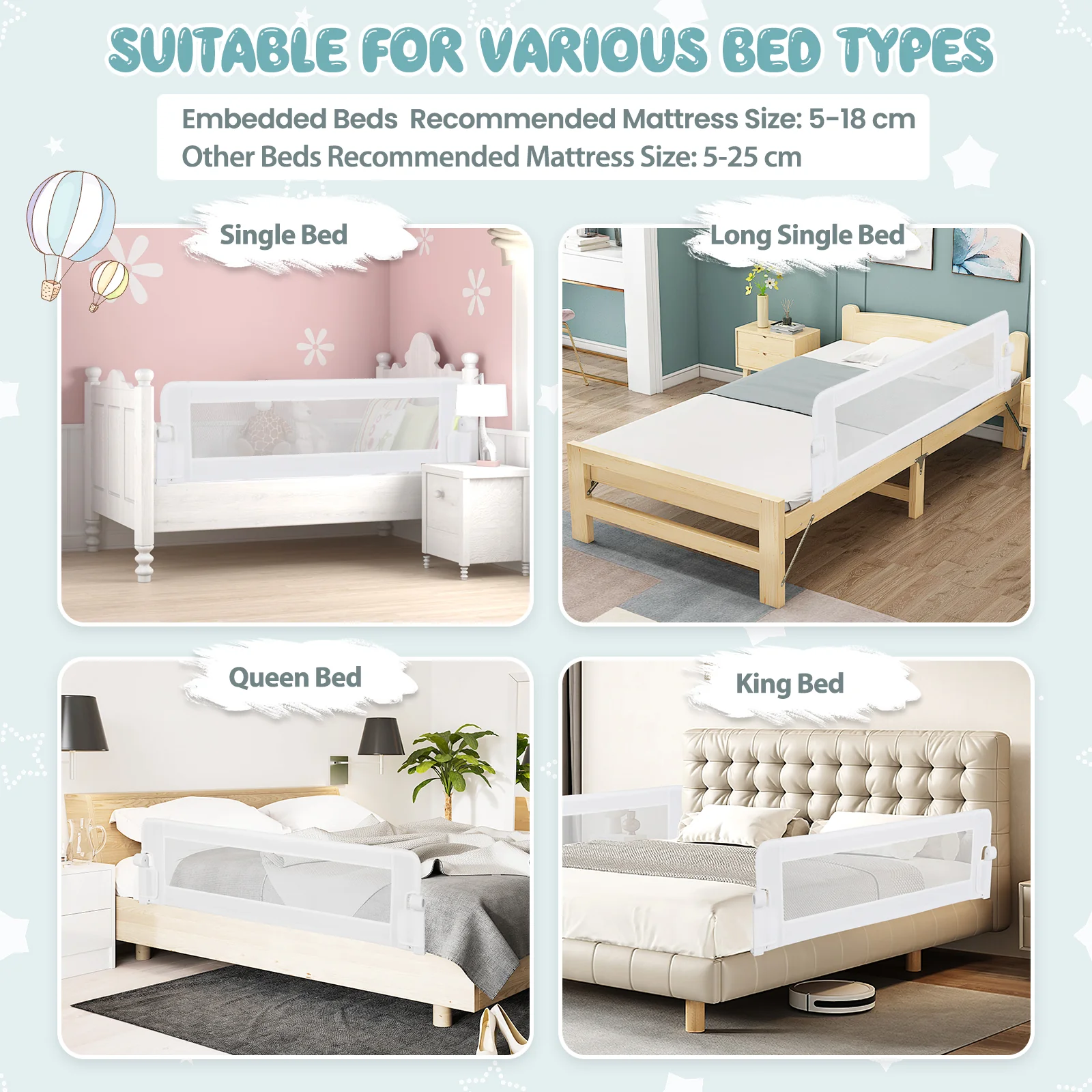 BABY JOY 152 x 42 cm Swing Down Baby Bed Guard Rail w/Adjustable Safety Strap - Image 9