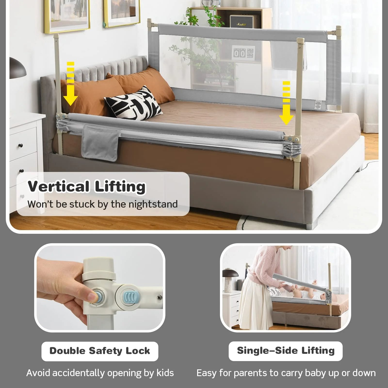 BABY JOY 176CM Toddler Bedrail, Extra Tall Safety Bed Guardrail W/Anti-Collision Cotton & Side Pocket - Image 4