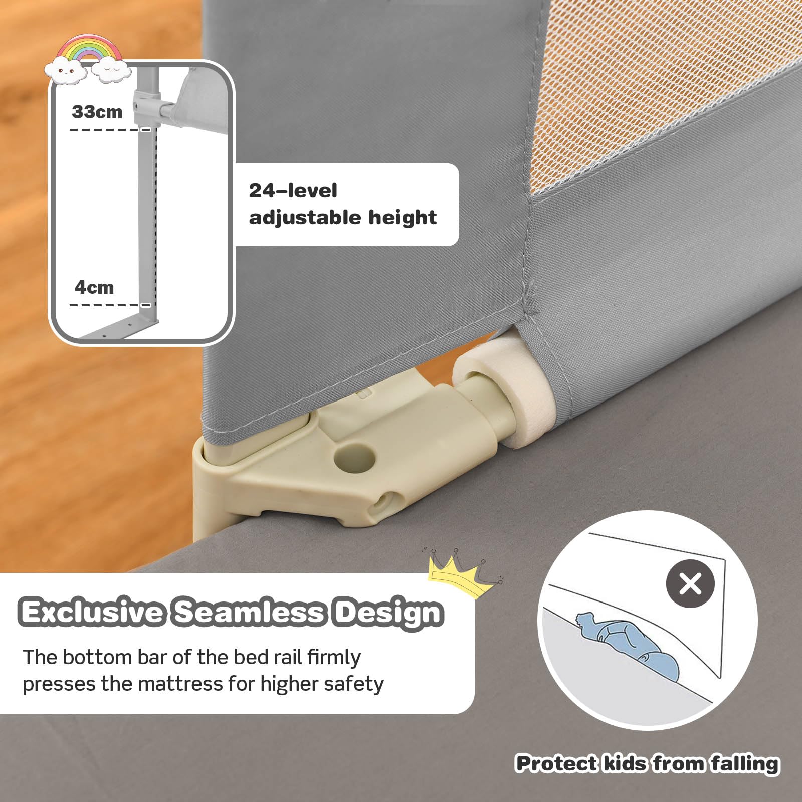 BABY JOY 176CM Toddler Bedrail, Extra Tall Safety Bed Guardrail W/Anti-Collision Cotton & Side Pocket - Image 5