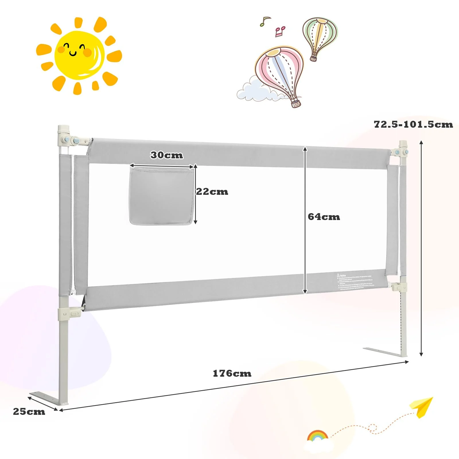 BABY JOY 176CM Toddler Bedrail, Extra Tall Safety Bed Guardrail W/Anti-Collision Cotton & Side Pocket - Image 7