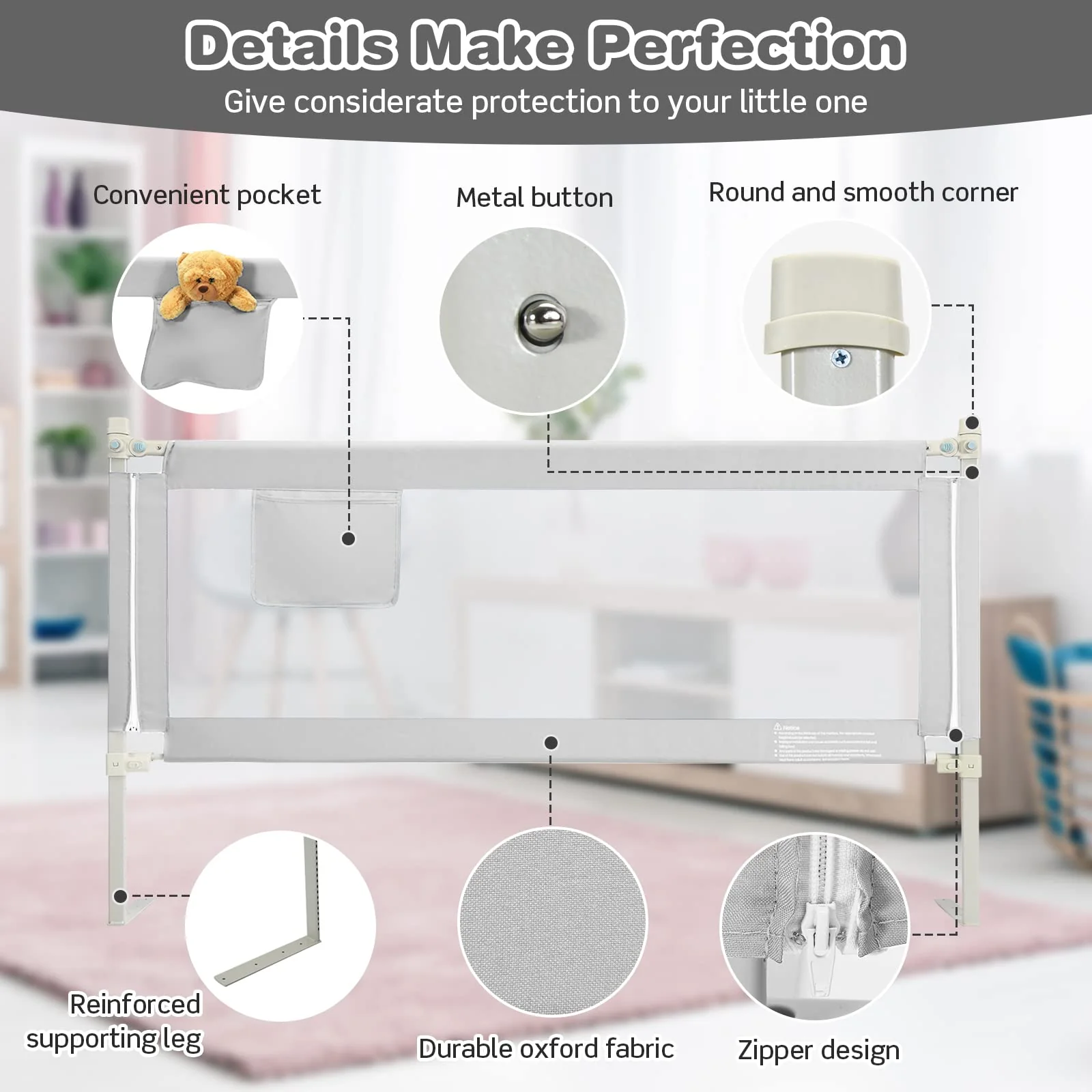 BABY JOY 176CM Toddler Bedrail, Extra Tall Safety Bed Guardrail W/Anti-Collision Cotton & Side Pocket - Image 8