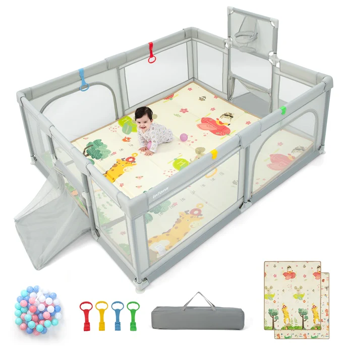 BABY JOY Baby Playpen with Double-Sided Mat, 185 x 155cm Baby Playard w/Basketball Hoop - Image 10