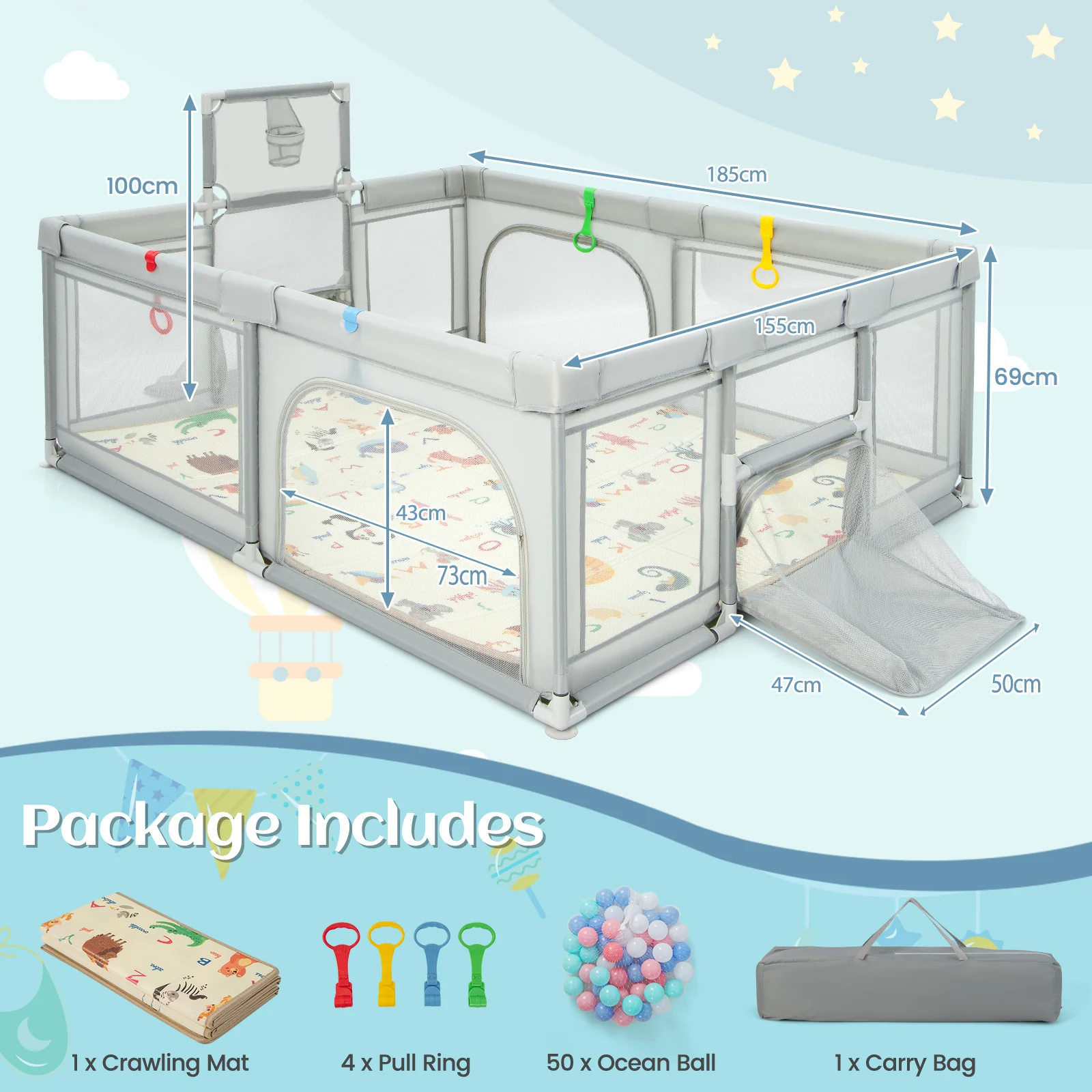 BABY JOY Baby Playpen with Double-Sided Mat, 185 x 155cm Baby Playard w/Basketball Hoop - Image 11