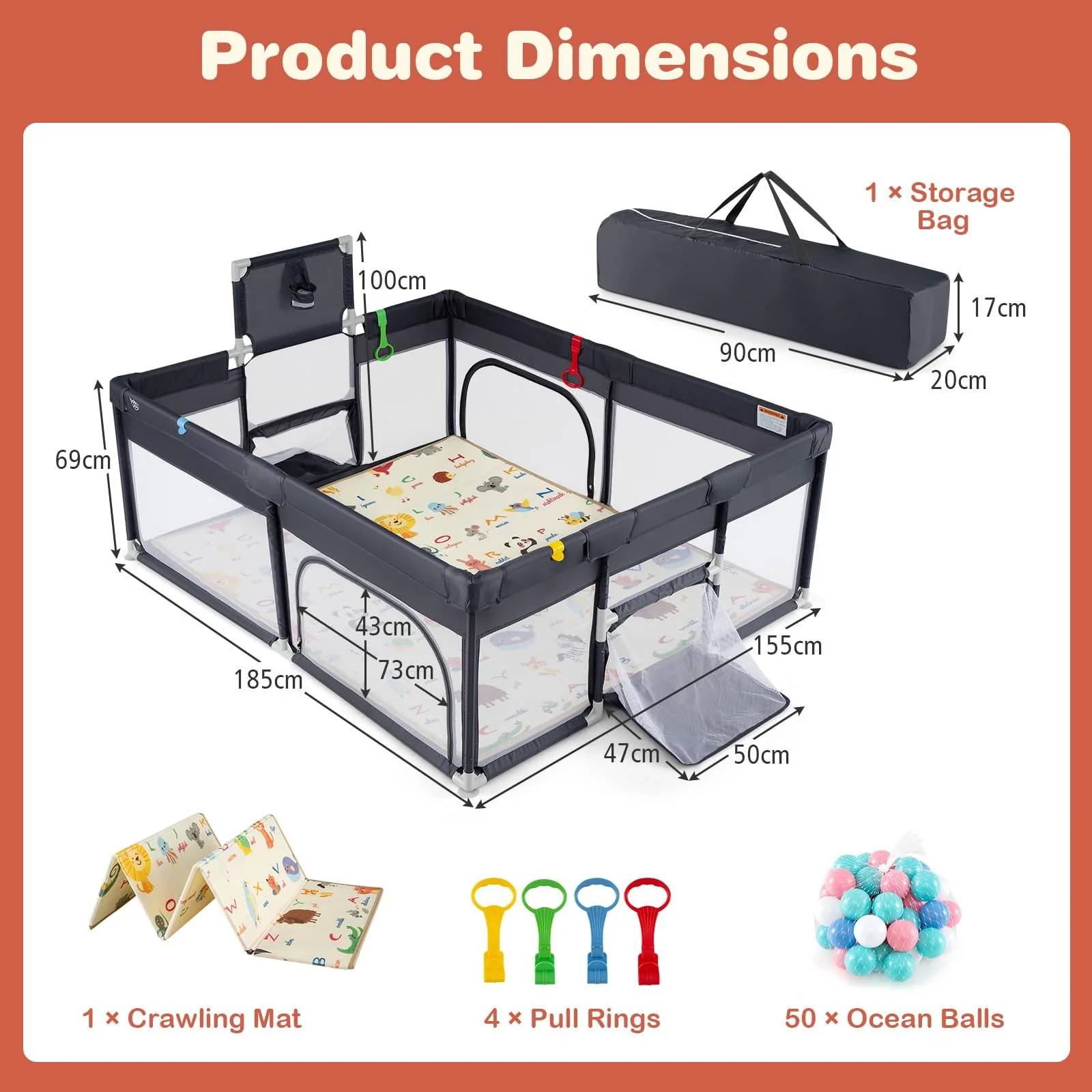 BABY JOY Baby Playpen with Double-Sided Mat, 185 x 155cm Baby Playard w/Basketball Hoop - Image 3