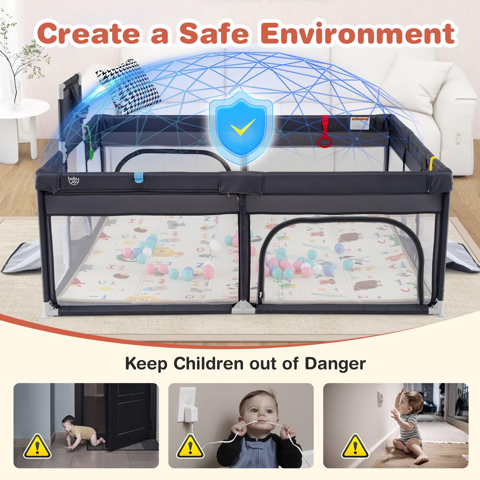 BABY JOY Baby Playpen with Double-Sided Mat, 185 x 155cm Baby Playard w/Basketball Hoop - Image 6
