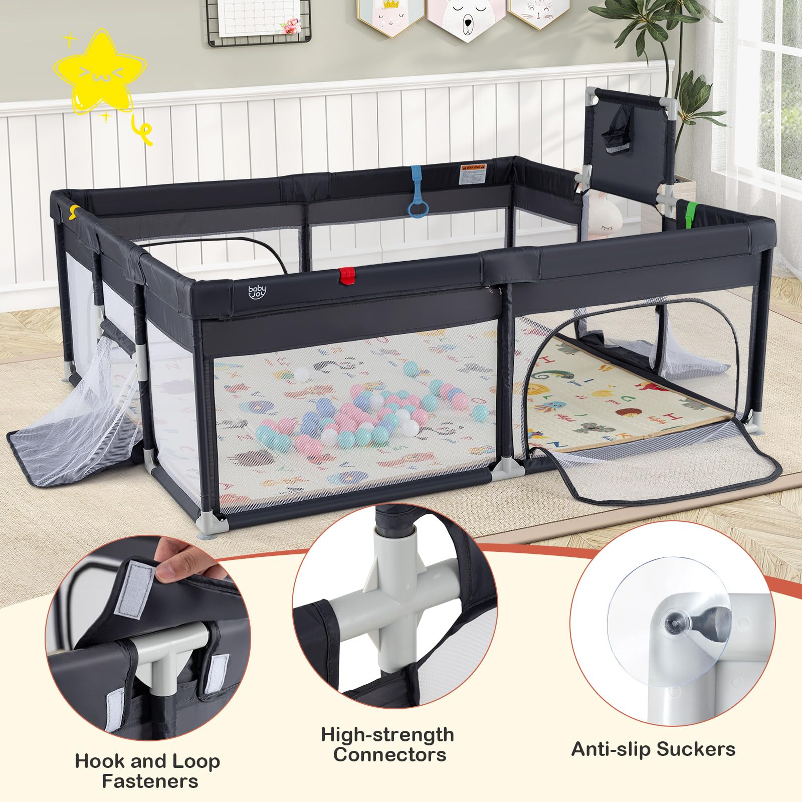 BABY JOY Baby Playpen with Double-Sided Mat, 185 x 155cm Baby Playard w/Basketball Hoop - Image 7