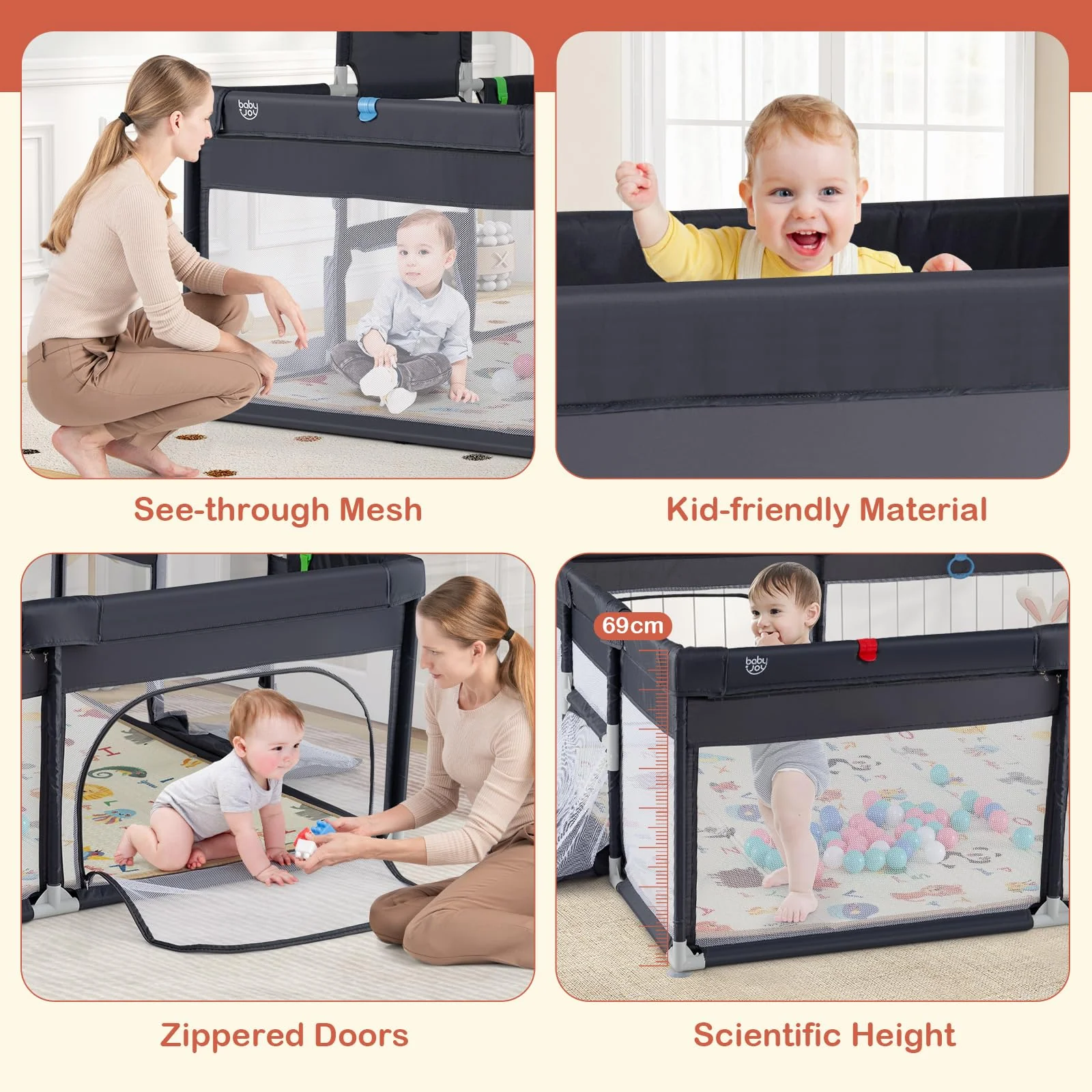 BABY JOY Baby Playpen with Double-Sided Mat, 185 x 155cm Baby Playard w/Basketball Hoop - Image 8