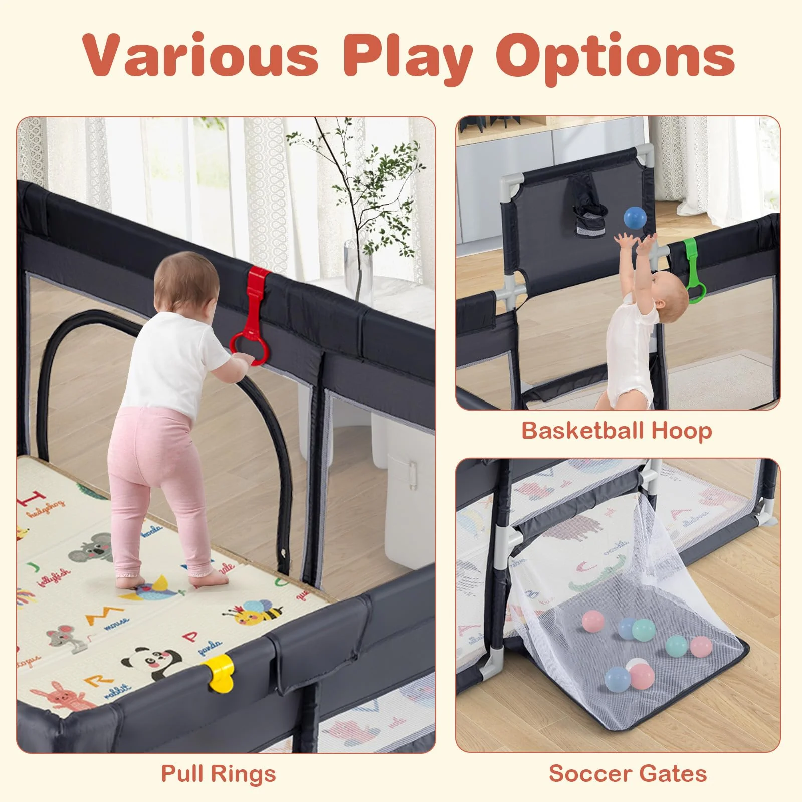 BABY JOY Baby Playpen with Double-Sided Mat, 185 x 155cm Baby Playard w/Basketball Hoop - Image 9