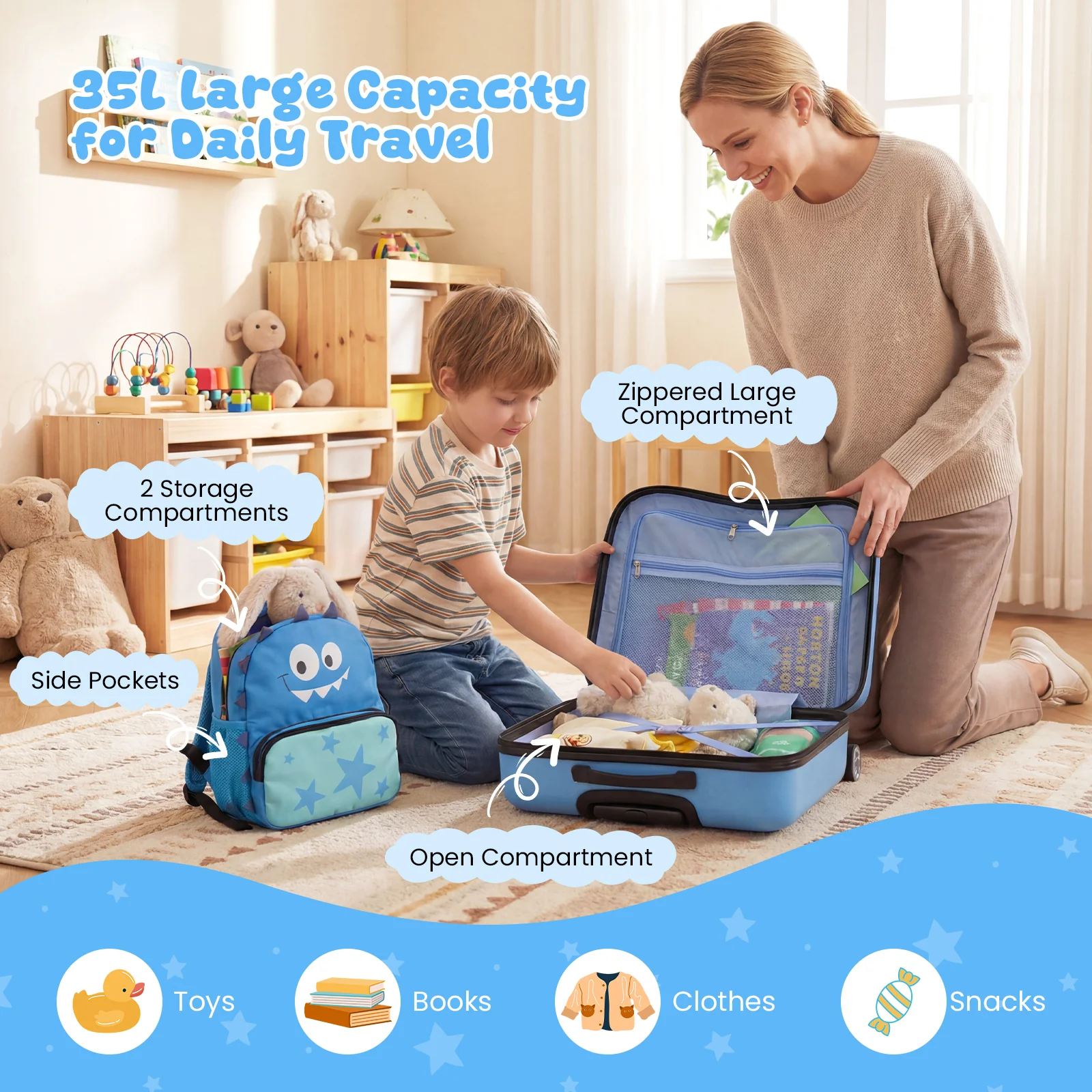 BABY JOY 2 PCS Kid Luggage Set, 18" Suitcase & 12" Backpack Set - Image 6