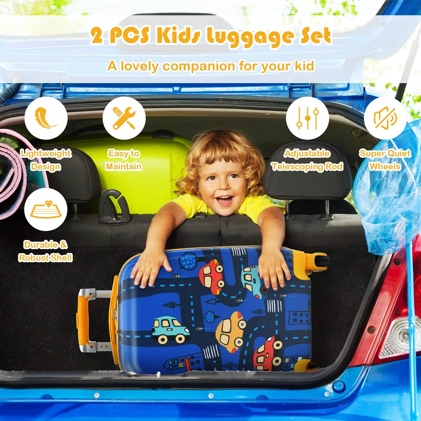 BABY JOY 2 PCS Kids Luggage Set, 13" & 18" Kids Carry On Suitcase Set, Children Travel Rolling Trolley Suitcase - Image 3
