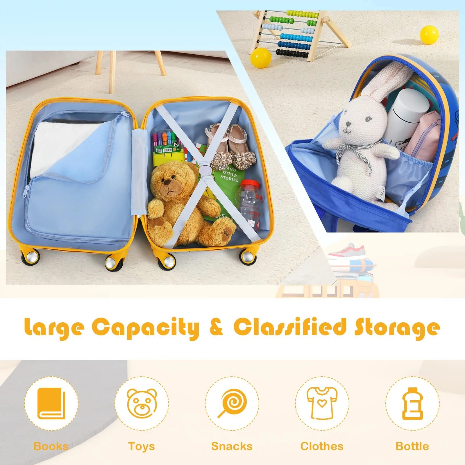 BABY JOY 2 PCS Kids Luggage Set, 13" & 18" Kids Carry On Suitcase Set, Children Travel Rolling Trolley Suitcase - Image 6