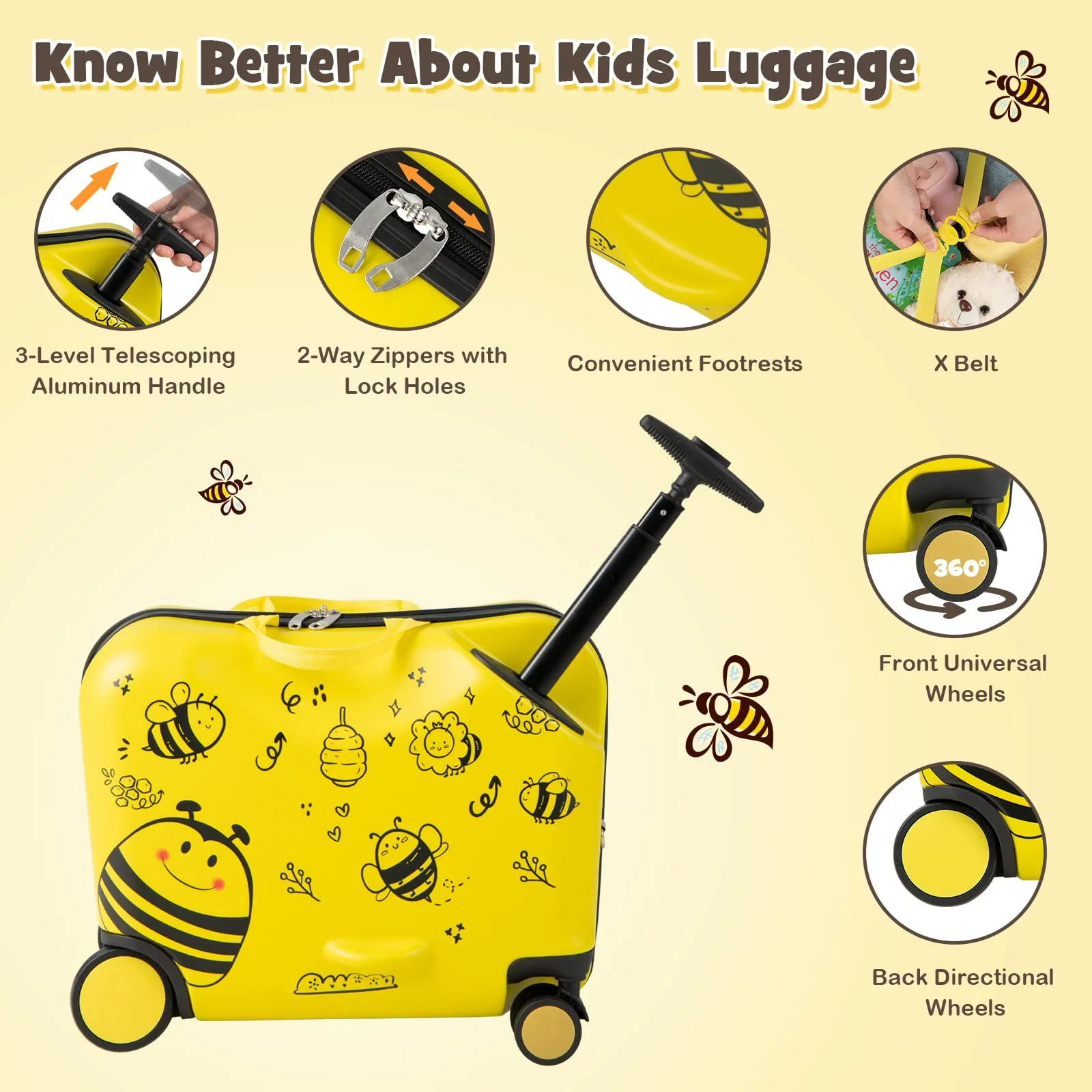 BABY JOY 2 PCS Kids Luggage Set, 18" Hard Shell Suitcase & 12" Travel Backpack - Image 3