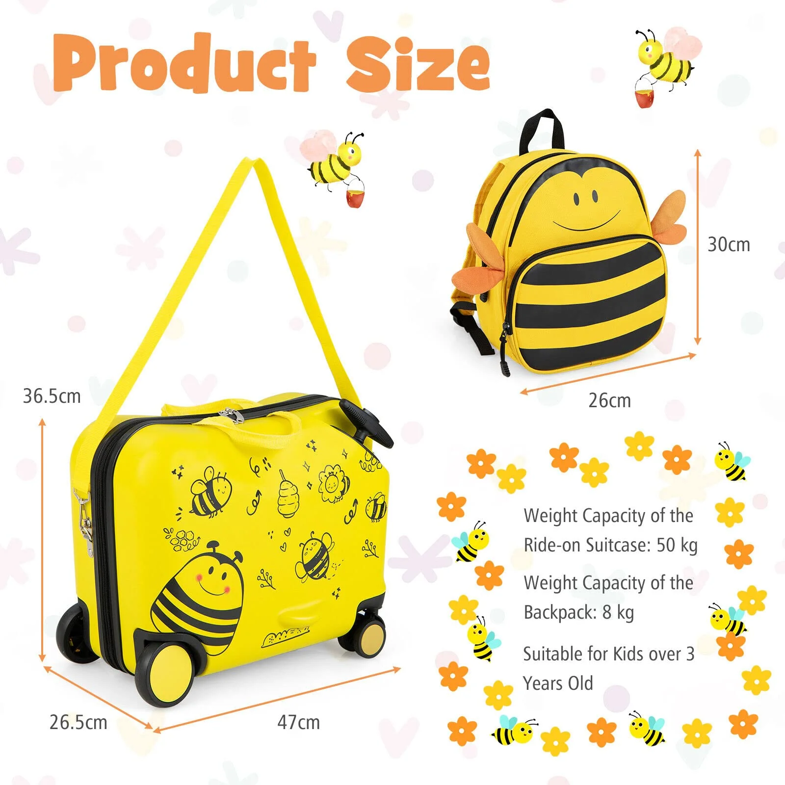BABY JOY 2 PCS Kids Luggage Set, 18" Hard Shell Suitcase & 12" Travel Backpack - Image 6