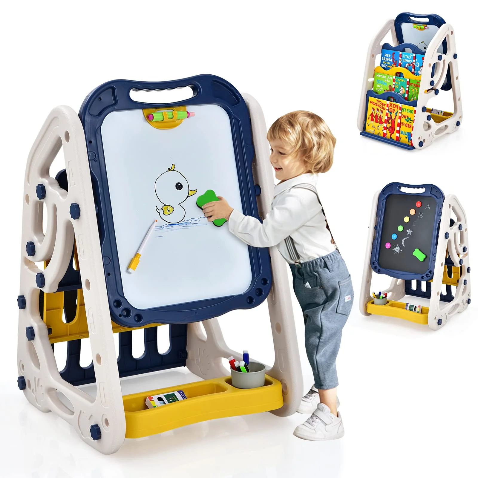 BABY JOY 3 in 1 Kids Art Easel, Double Sided Whiteboard & Chalkboard w/Book Storage Rack
