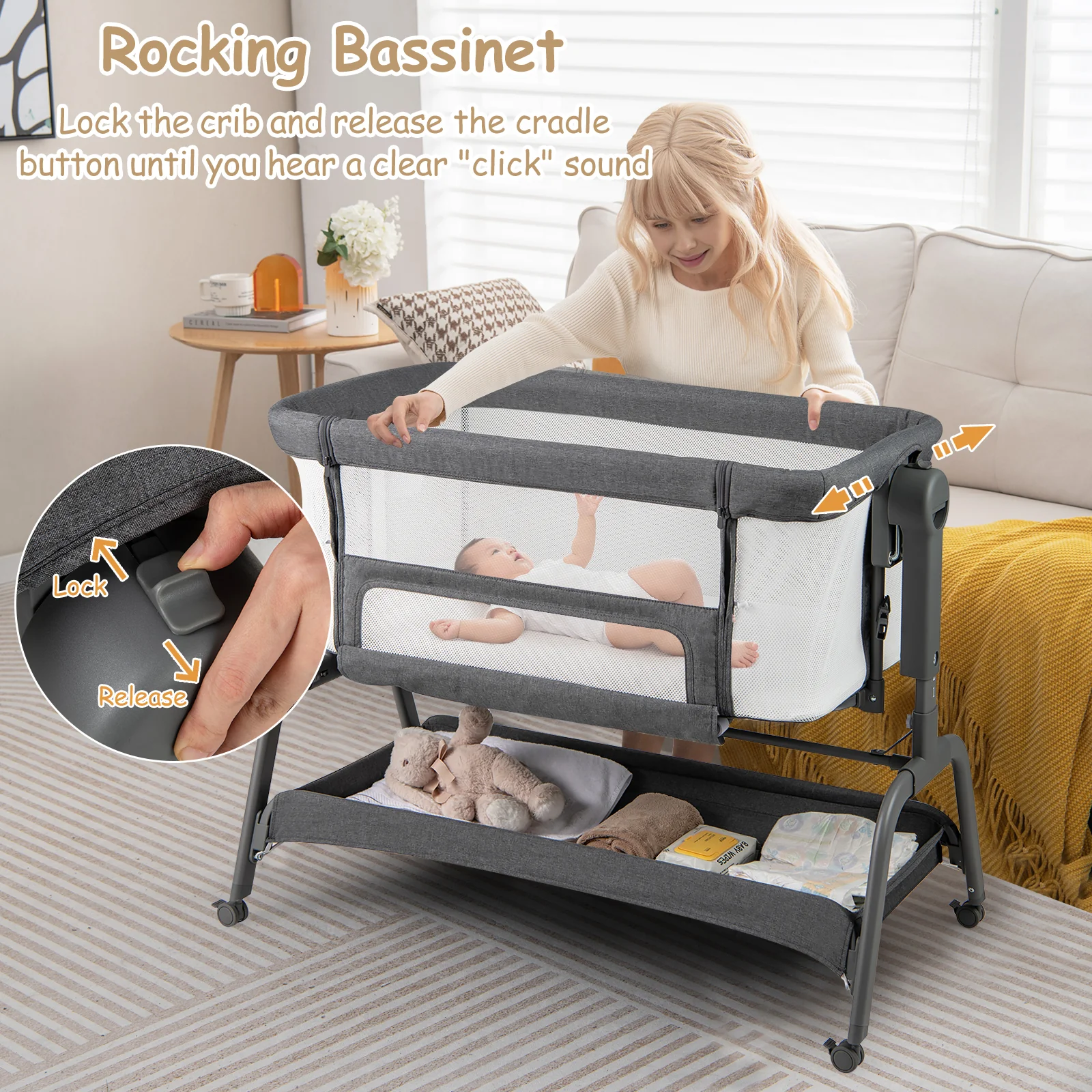 BABY JOY 4 in 1 Rocking Baby Bassinet, Newborn Infant Bedside Sleeper - Image 10