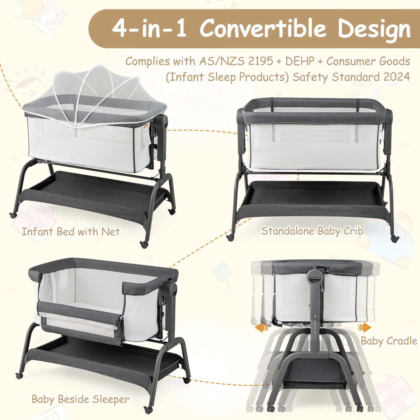 BABY JOY 4 in 1 Rocking Baby Bassinet, Newborn Infant Bedside Sleeper - Image 6