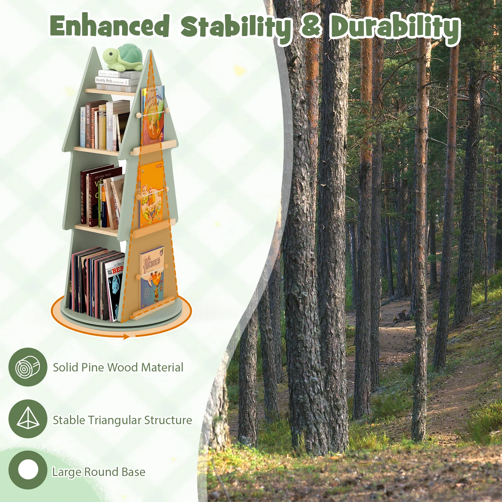 Baby Joy 4 Tier Tree Shape Revolving Bookcase, Freestanding 360° Display Rack Storage Organizer - Image 10