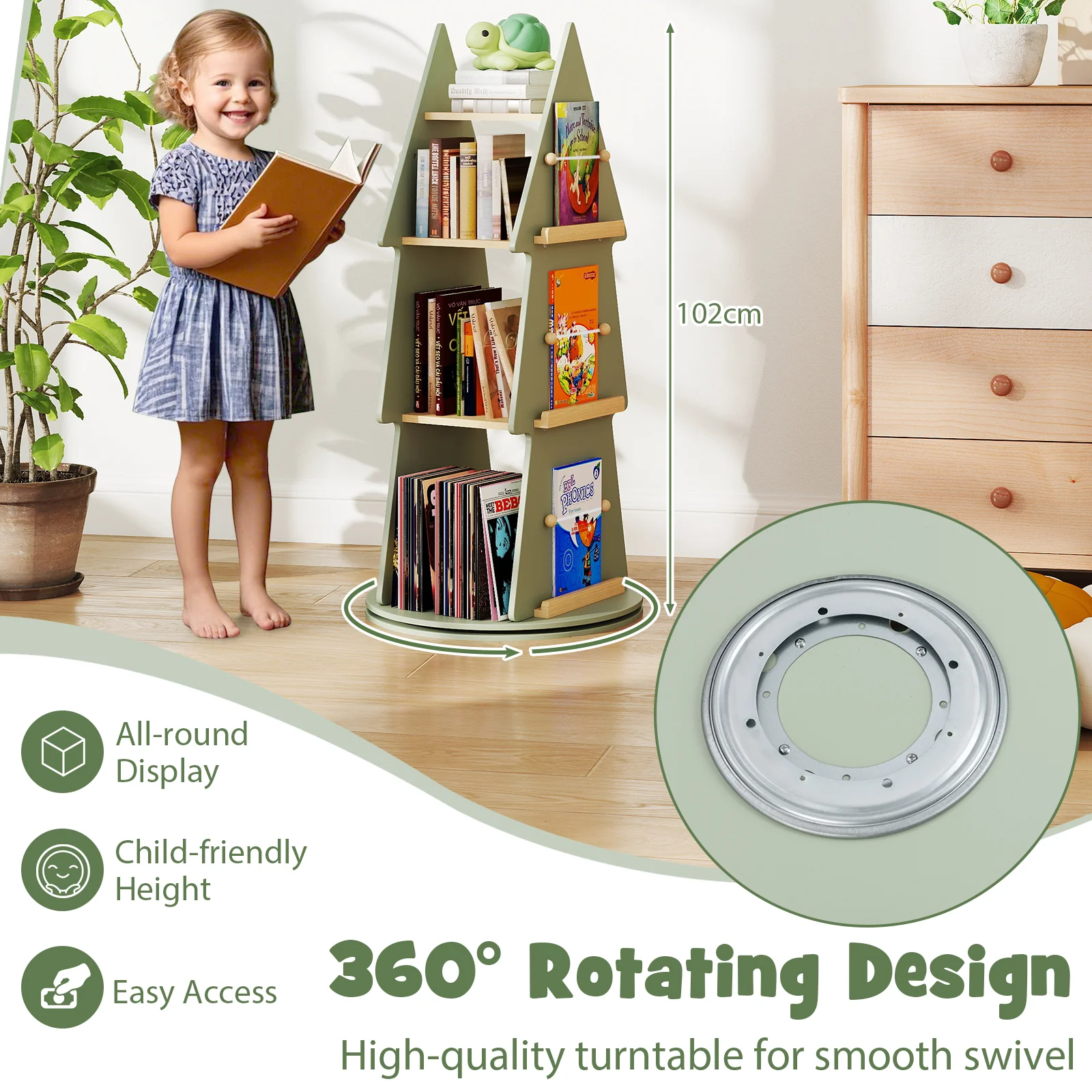 Baby Joy 4 Tier Tree Shape Revolving Bookcase, Freestanding 360° Display Rack Storage Organizer - Image 8