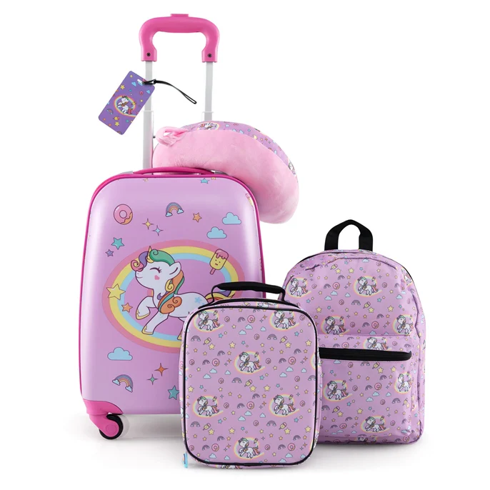 BABY JOY 5 Pieces Kids Luggage Set, Carry-on Children Rolling Suitcase Set w/Backpack, Neck Pillow, Name Tag, Lunch Bag - Image 11