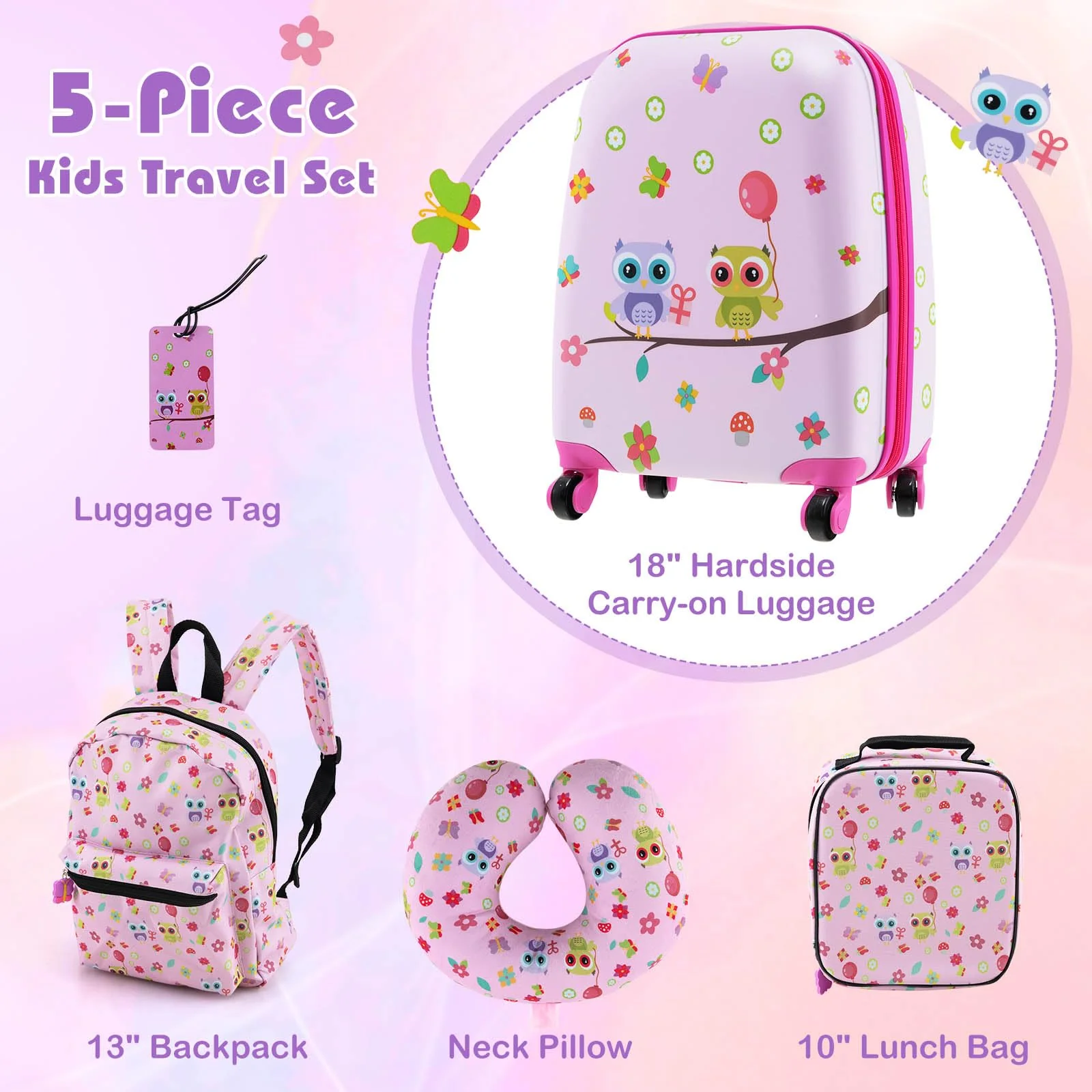 BABY JOY 5 Pieces Kids Luggage Set, Carry-on Children Rolling Suitcase Set w/Backpack, Neck Pillow, Name Tag, Lunch Bag - Image 3