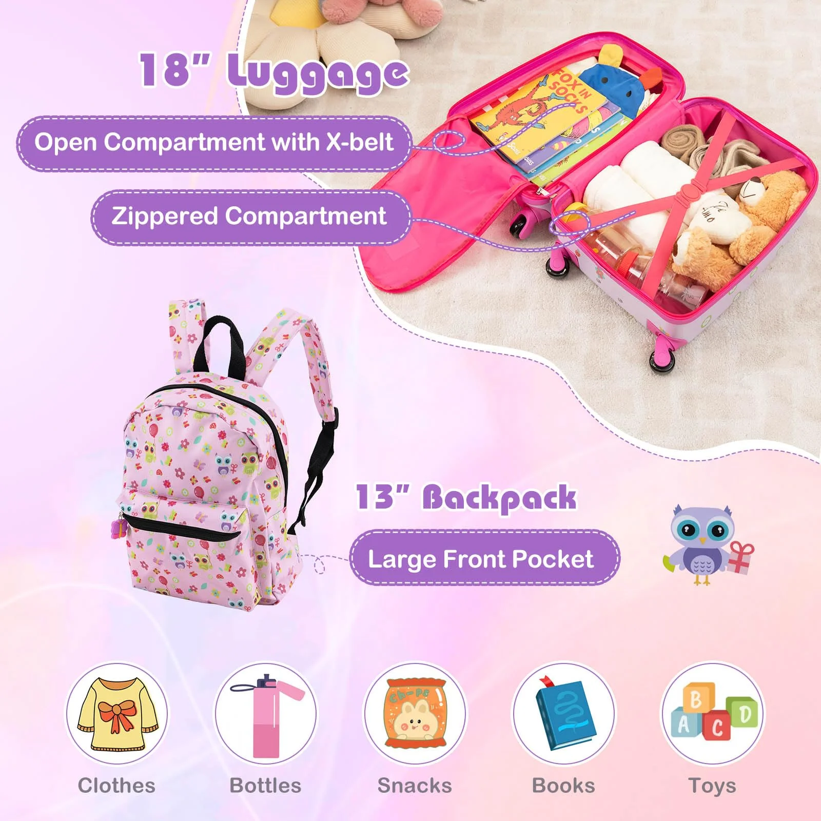BABY JOY 5 Pieces Kids Luggage Set, Carry-on Children Rolling Suitcase Set w/Backpack, Neck Pillow, Name Tag, Lunch Bag - Image 4