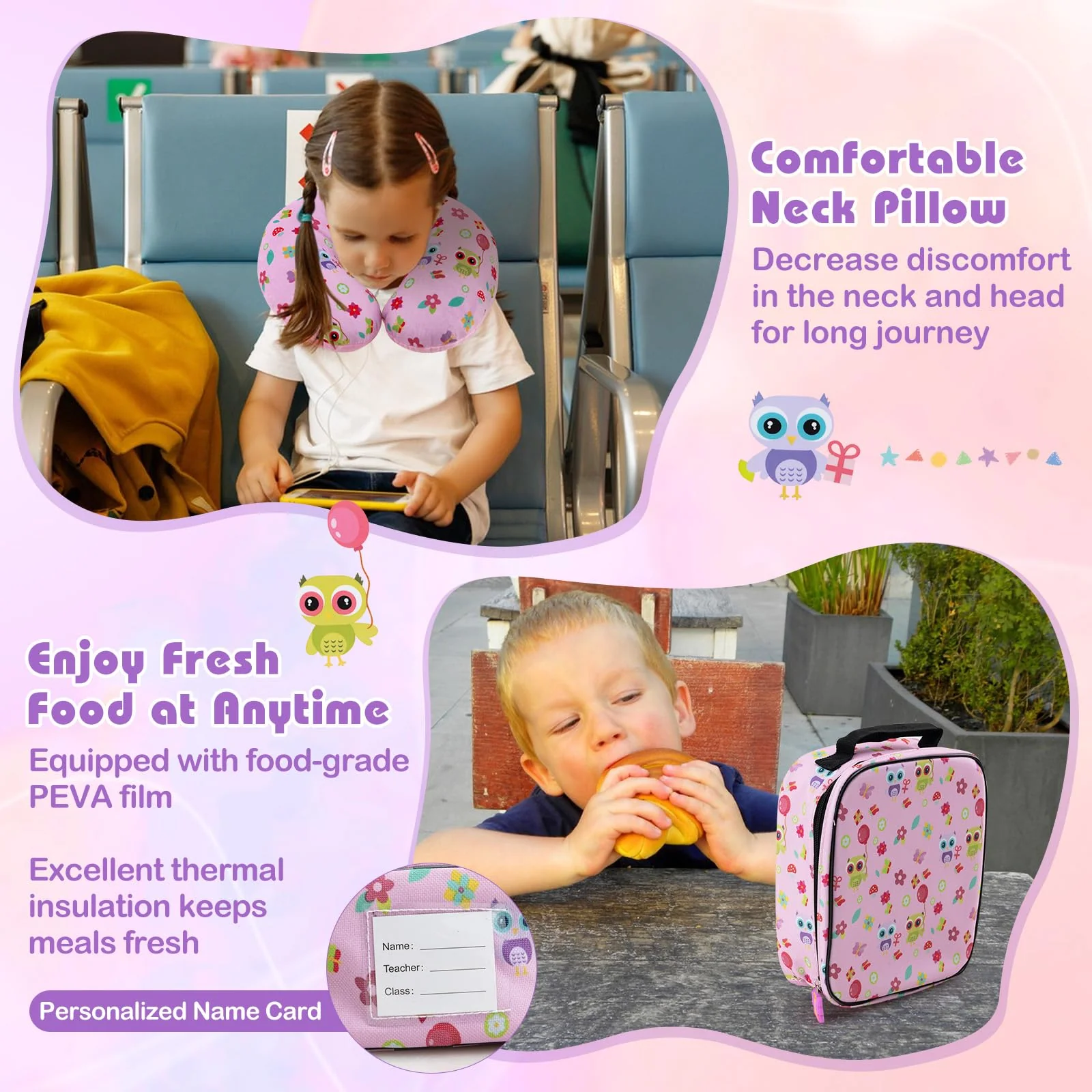 BABY JOY 5 Pieces Kids Luggage Set, Carry-on Children Rolling Suitcase Set w/Backpack, Neck Pillow, Name Tag, Lunch Bag - Image 5