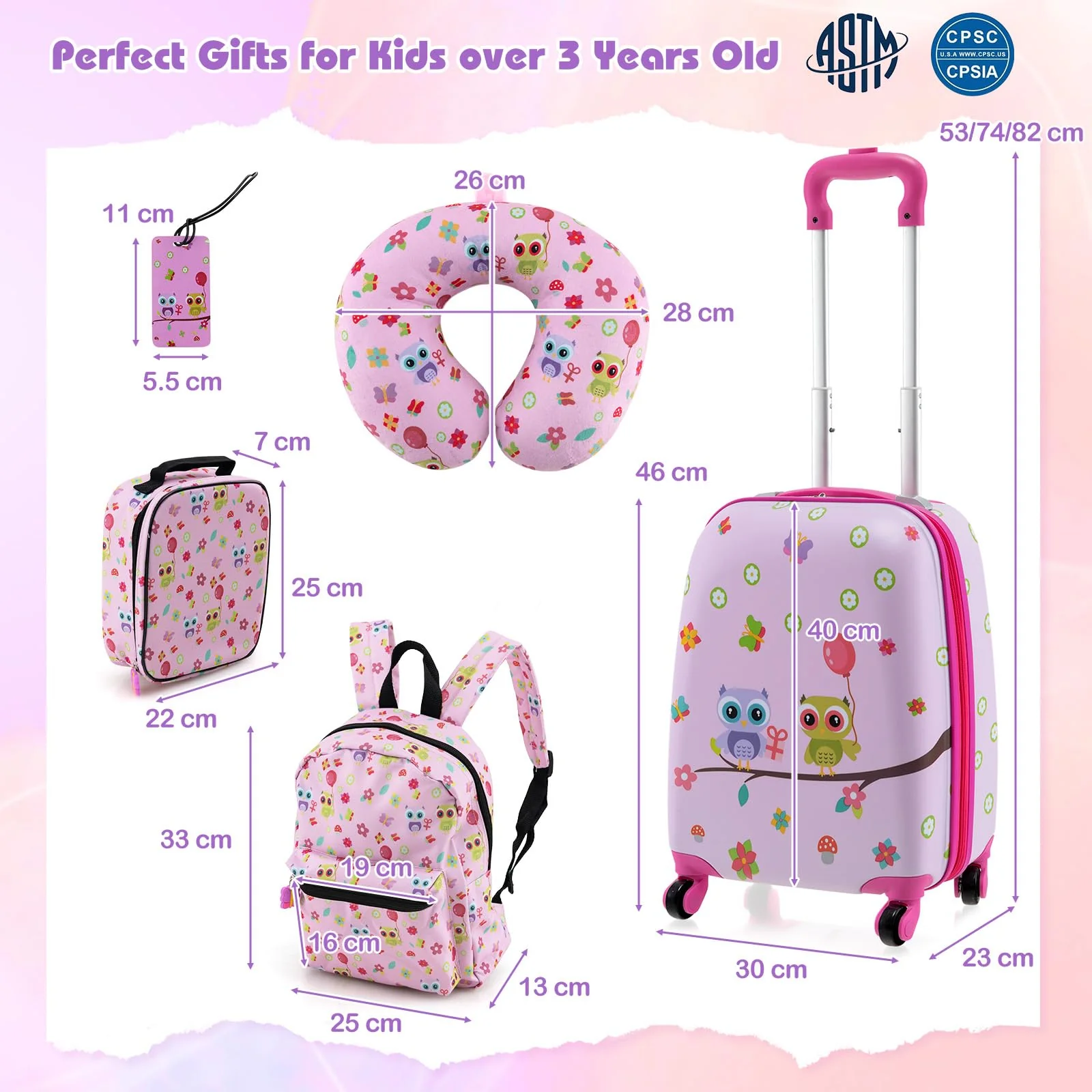 BABY JOY 5 Pieces Kids Luggage Set, Carry-on Children Rolling Suitcase Set w/Backpack, Neck Pillow, Name Tag, Lunch Bag - Image 6