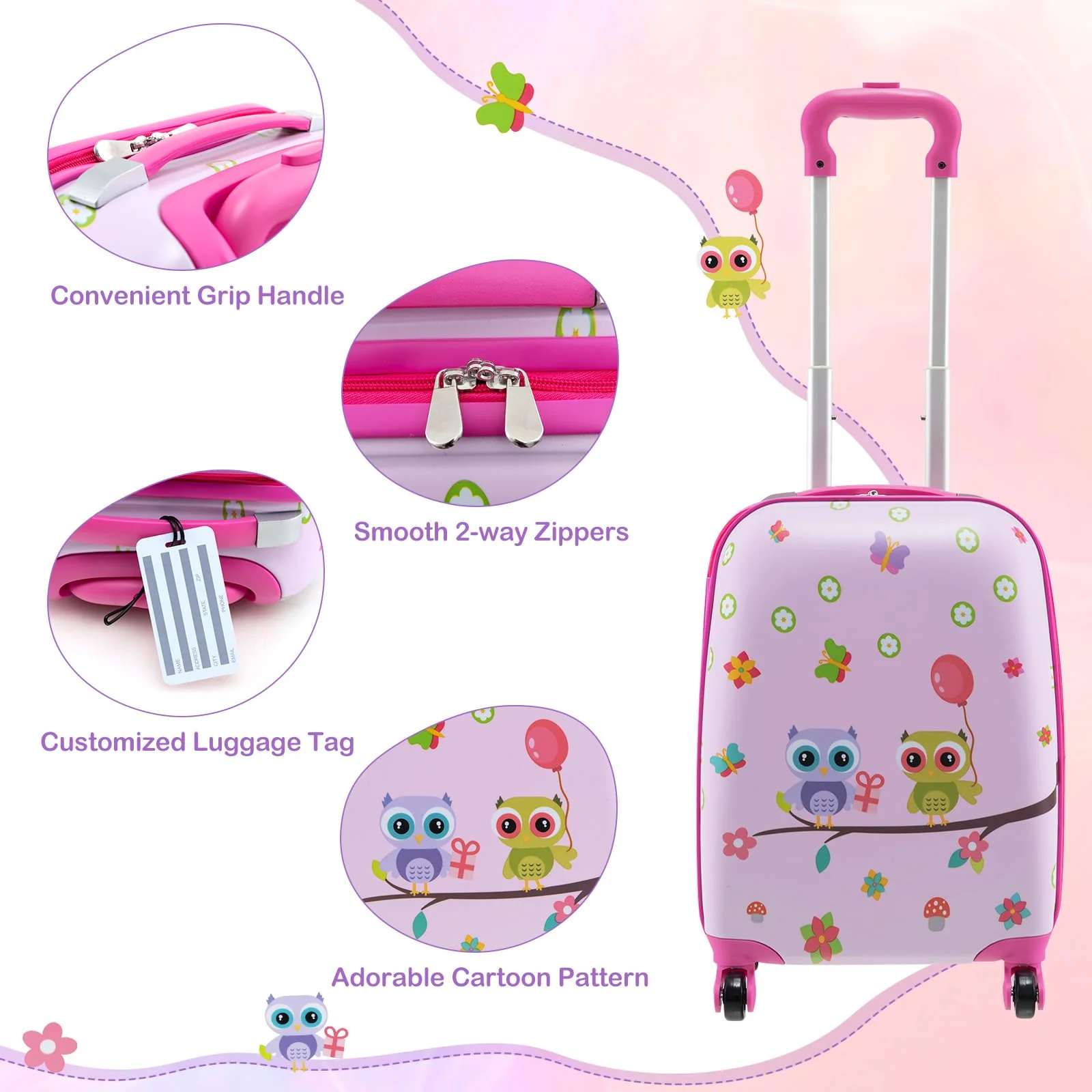 BABY JOY 5 Pieces Kids Luggage Set, Carry-on Children Rolling Suitcase Set w/Backpack, Neck Pillow, Name Tag, Lunch Bag - Image 7