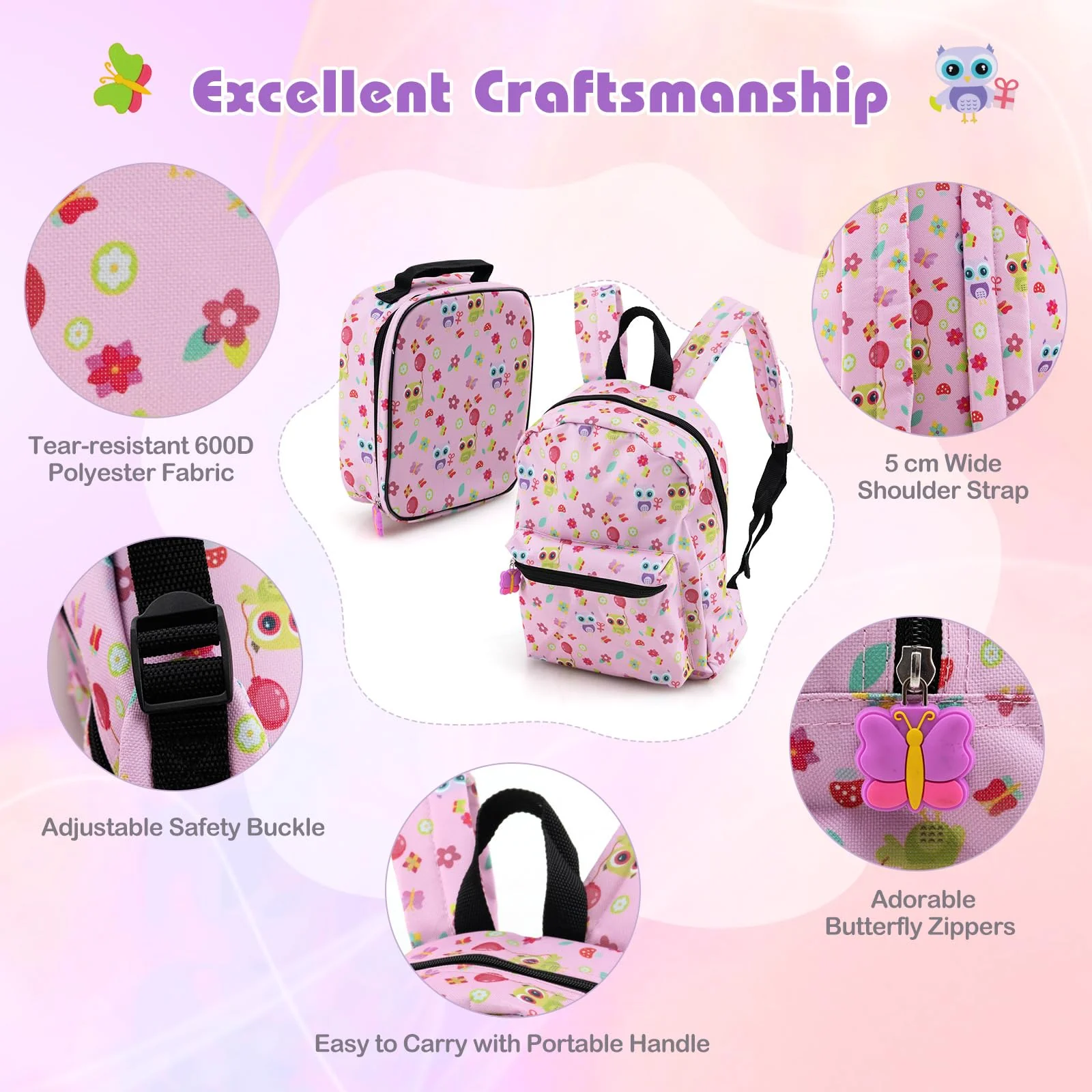 BABY JOY 5 Pieces Kids Luggage Set, Carry-on Children Rolling Suitcase Set w/Backpack, Neck Pillow, Name Tag, Lunch Bag - Image 8