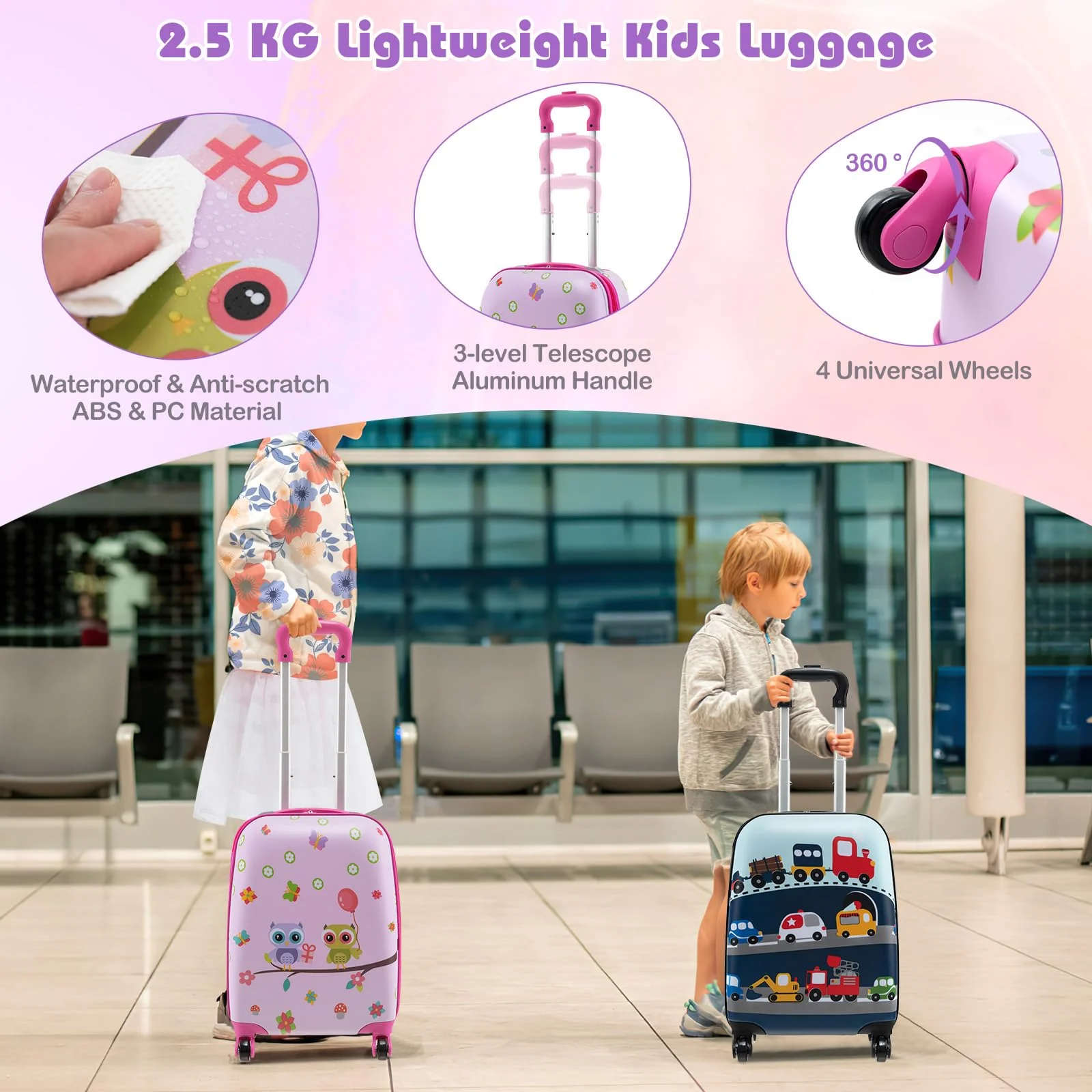 BABY JOY 5 Pieces Kids Luggage Set, Carry-on Children Rolling Suitcase Set w/Backpack, Neck Pillow, Name Tag, Lunch Bag - Image 9