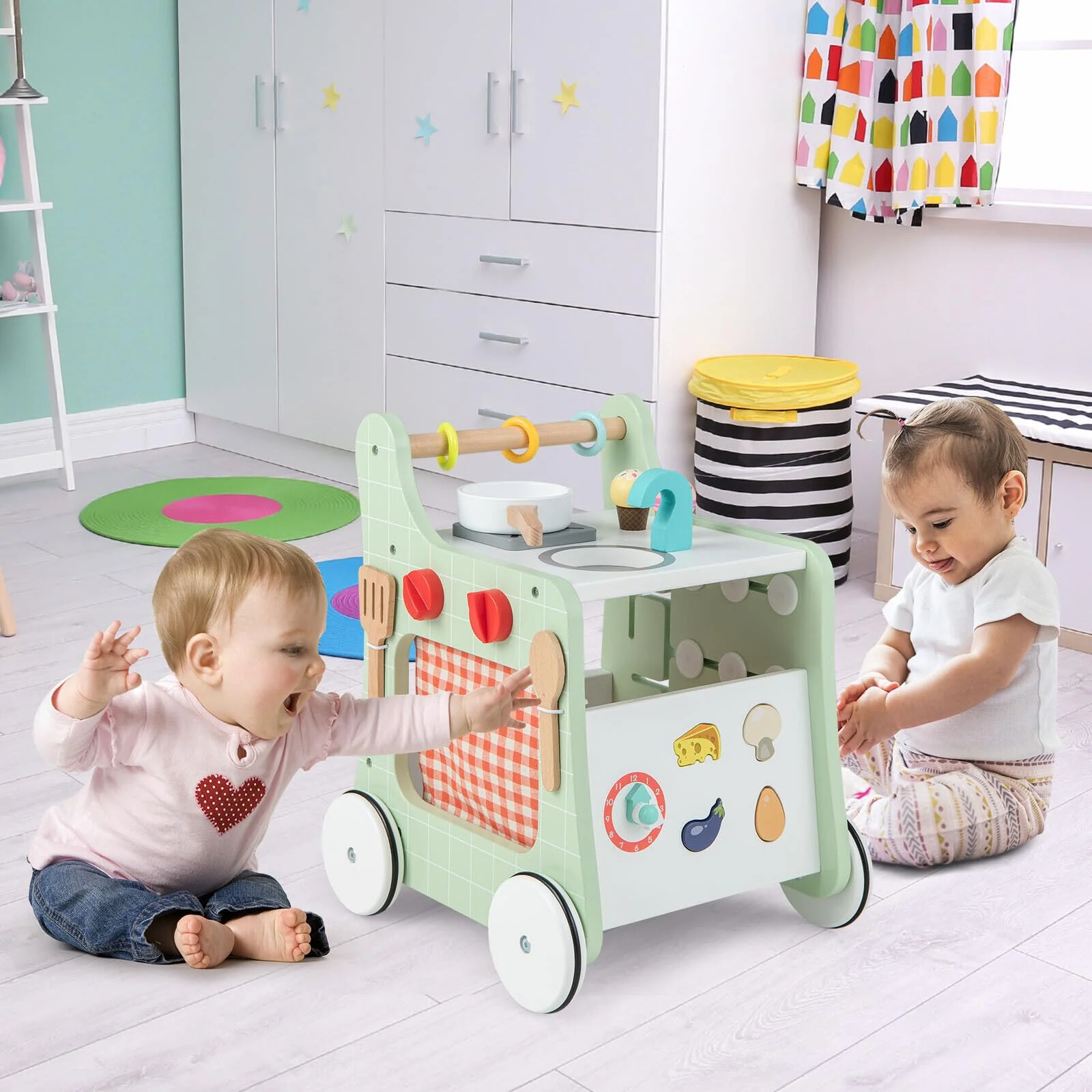 BABY JOY 6-in-1 Wooden Baby Walker, Toddler Push and Pull Learning Activity Center - Image 2