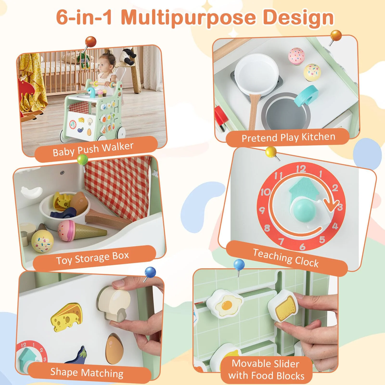 BABY JOY 6-in-1 Wooden Baby Walker, Toddler Push and Pull Learning Activity Center - Image 3