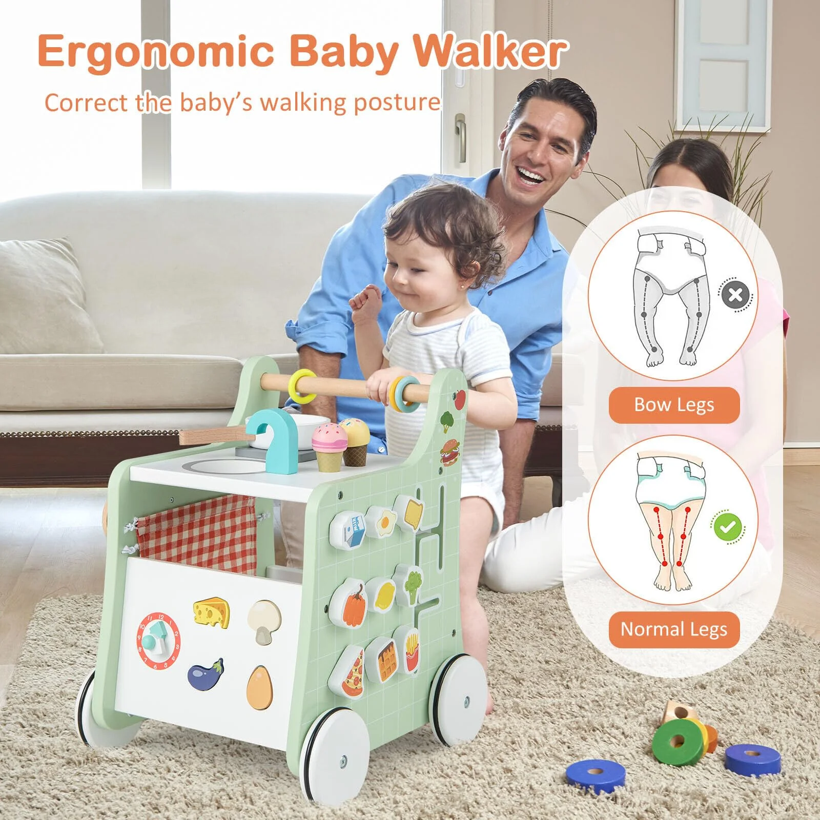 BABY JOY 6-in-1 Wooden Baby Walker, Toddler Push and Pull Learning Activity Center - Image 5
