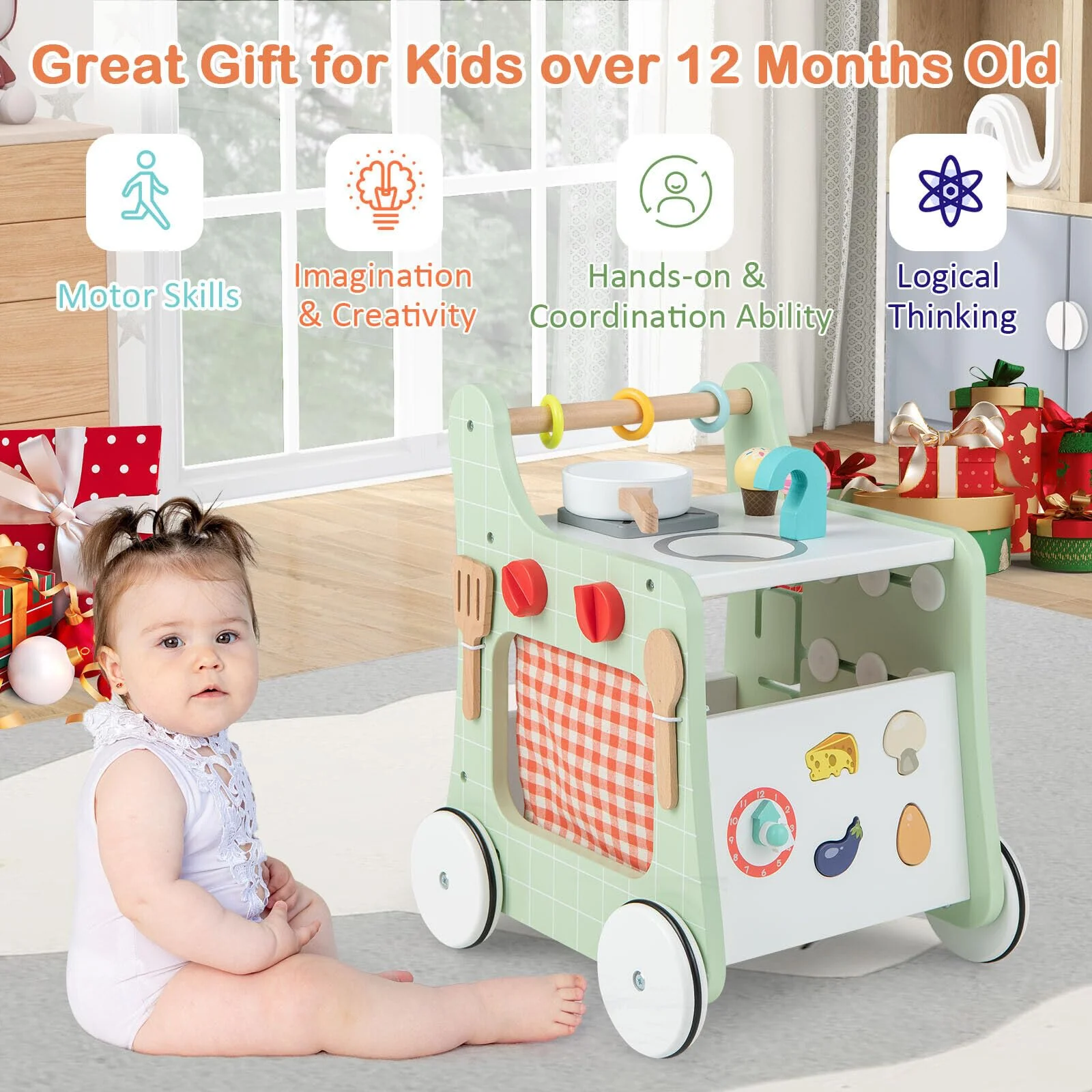 BABY JOY 6-in-1 Wooden Baby Walker, Toddler Push and Pull Learning Activity Center - Image 6