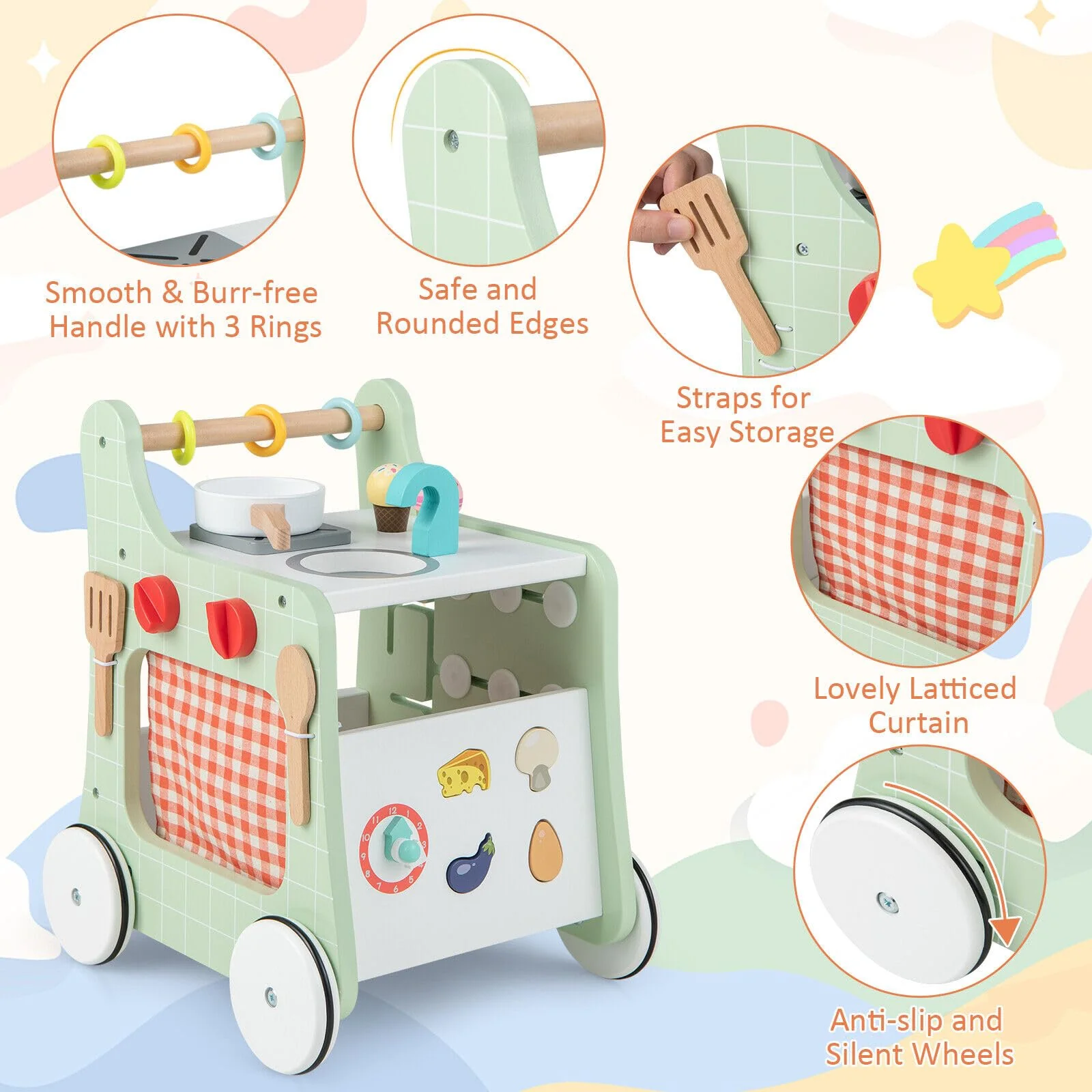 BABY JOY 6-in-1 Wooden Baby Walker, Toddler Push and Pull Learning Activity Center - Image 7