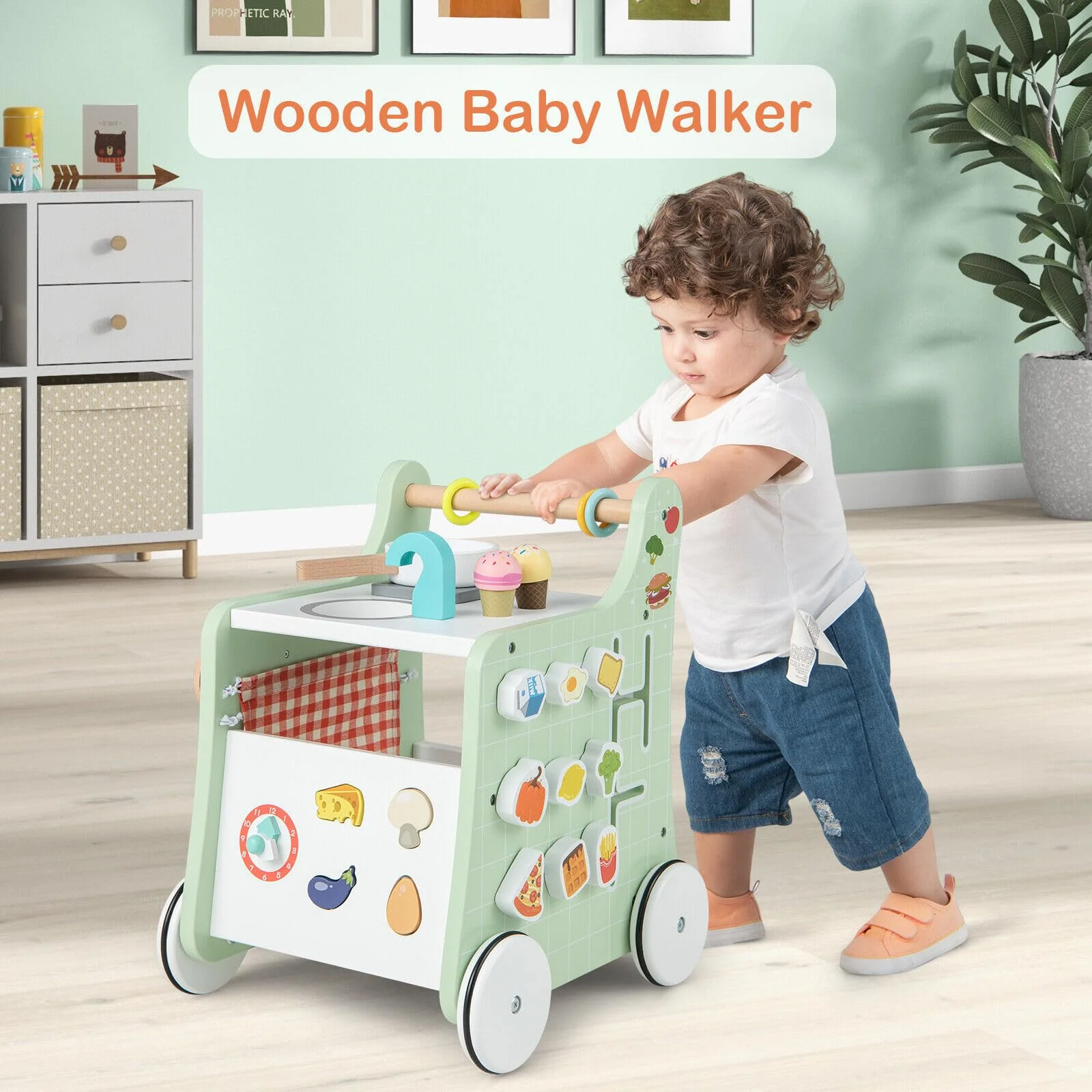 BABY JOY 6-in-1 Wooden Baby Walker, Toddler Push and Pull Learning Activity Center - Image 8