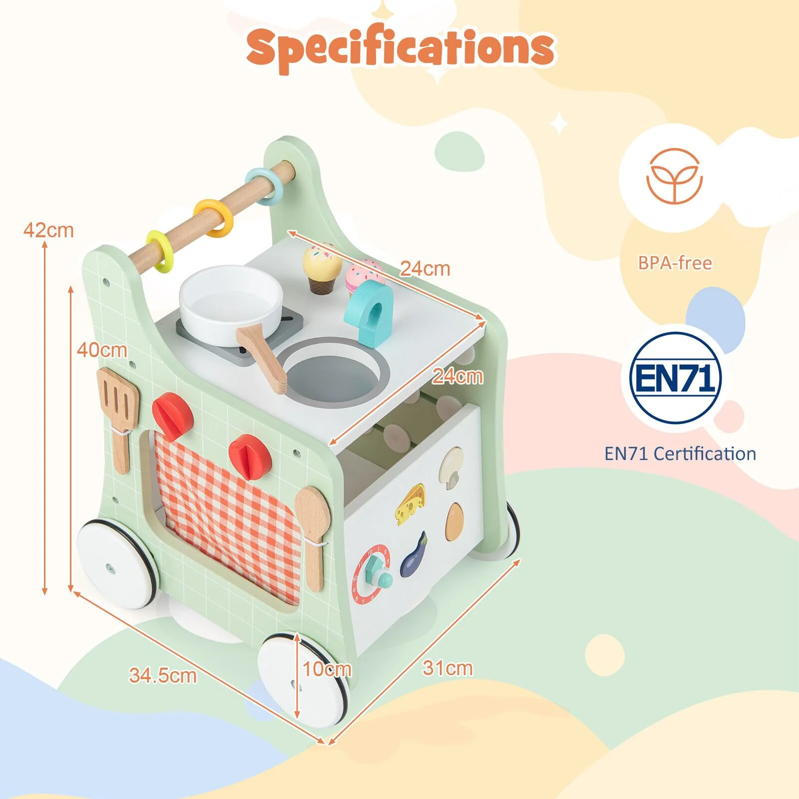 BABY JOY 6-in-1 Wooden Baby Walker, Toddler Push and Pull Learning Activity Center - Image 9