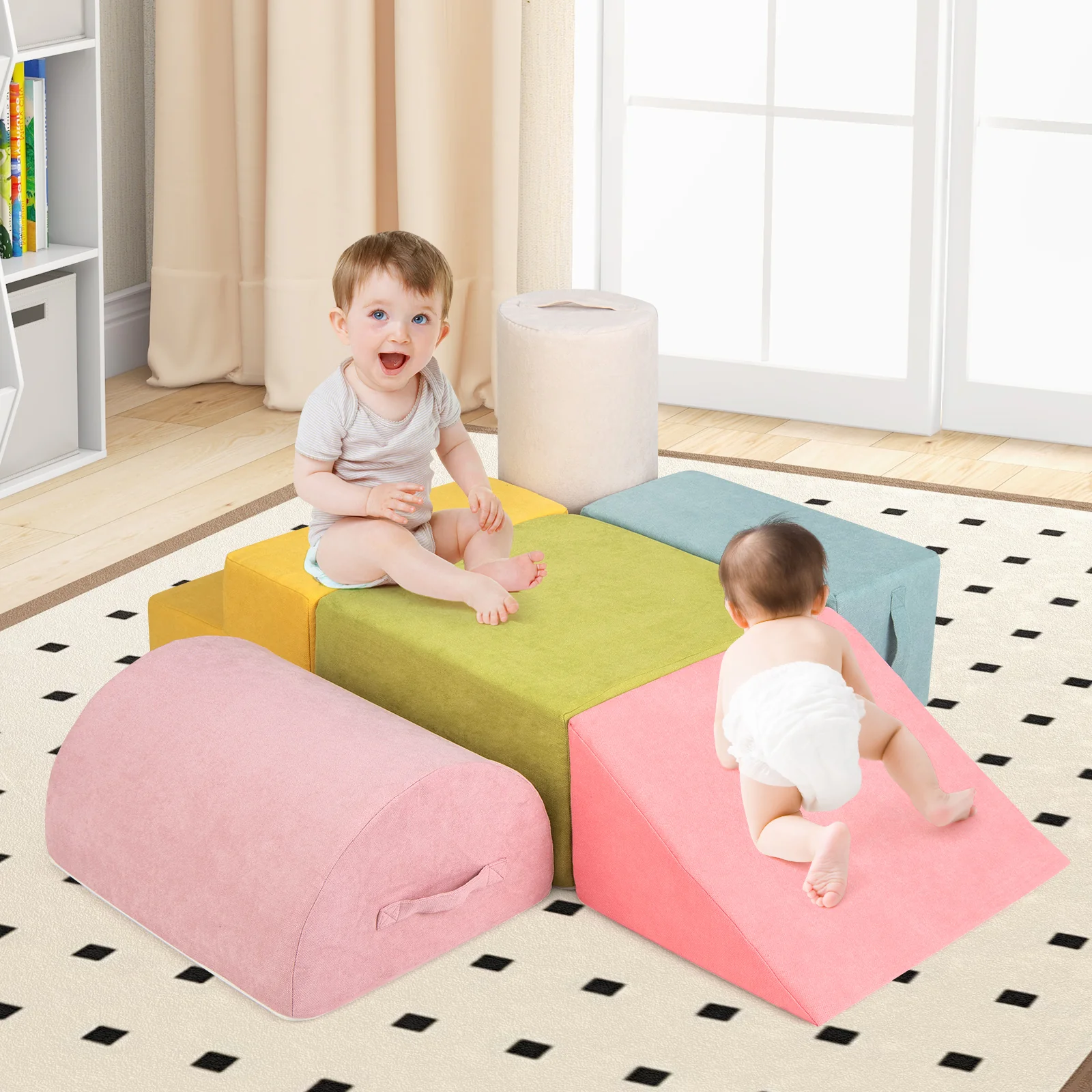 BABY JOY 6-Piece Baby Climb and Crawl Play Set, Kids Indoor Soft Play Foam w/Skin-Friendly Chenille Fabric - Image 2