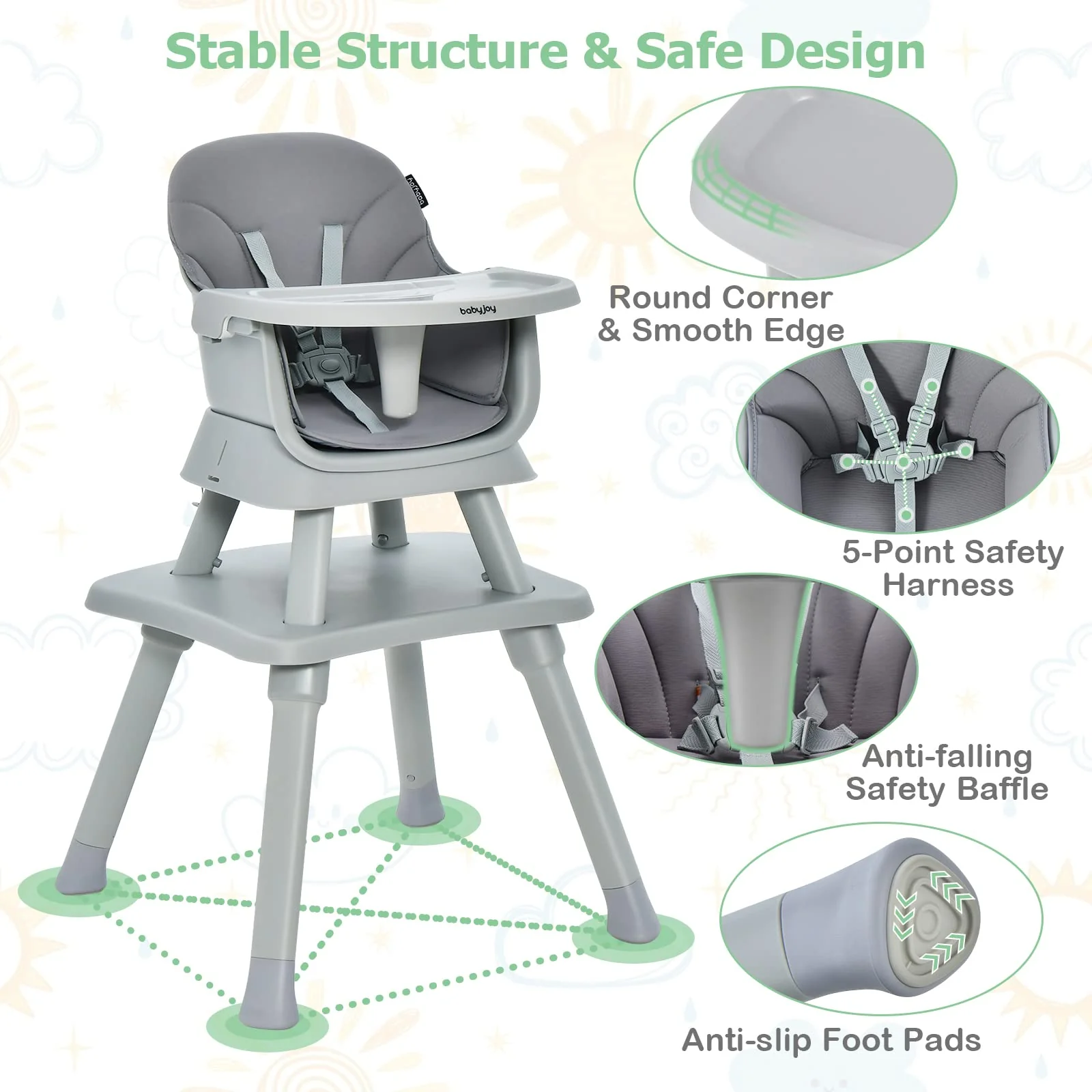 BABY JOY 8 in 1 Baby Highchair Convertible High Chair for Infants w/Adjustable & Washable Tray - Image 4