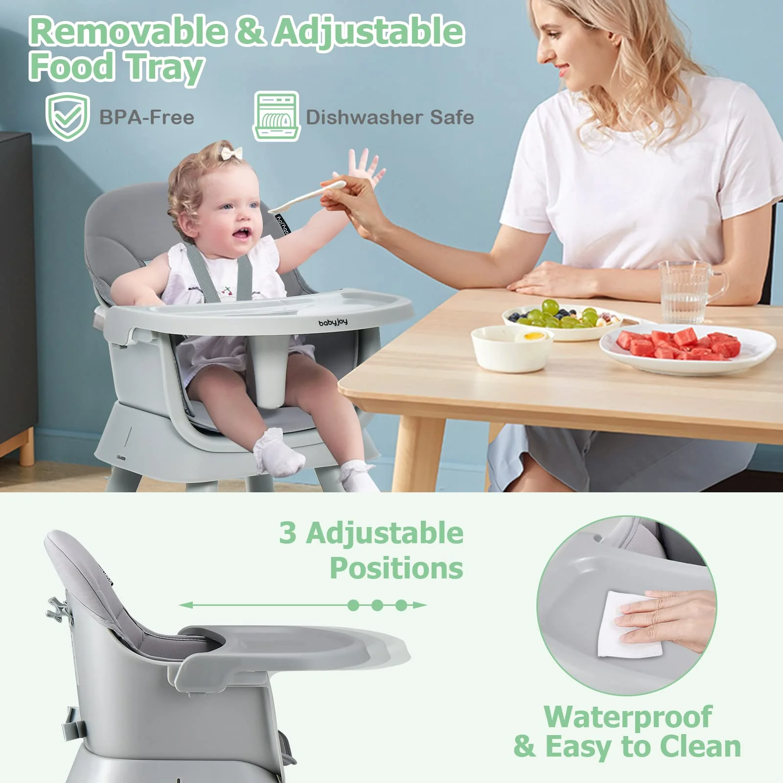 BABY JOY 8 in 1 Baby Highchair Convertible High Chair for Infants w/Adjustable & Washable Tray - Image 6