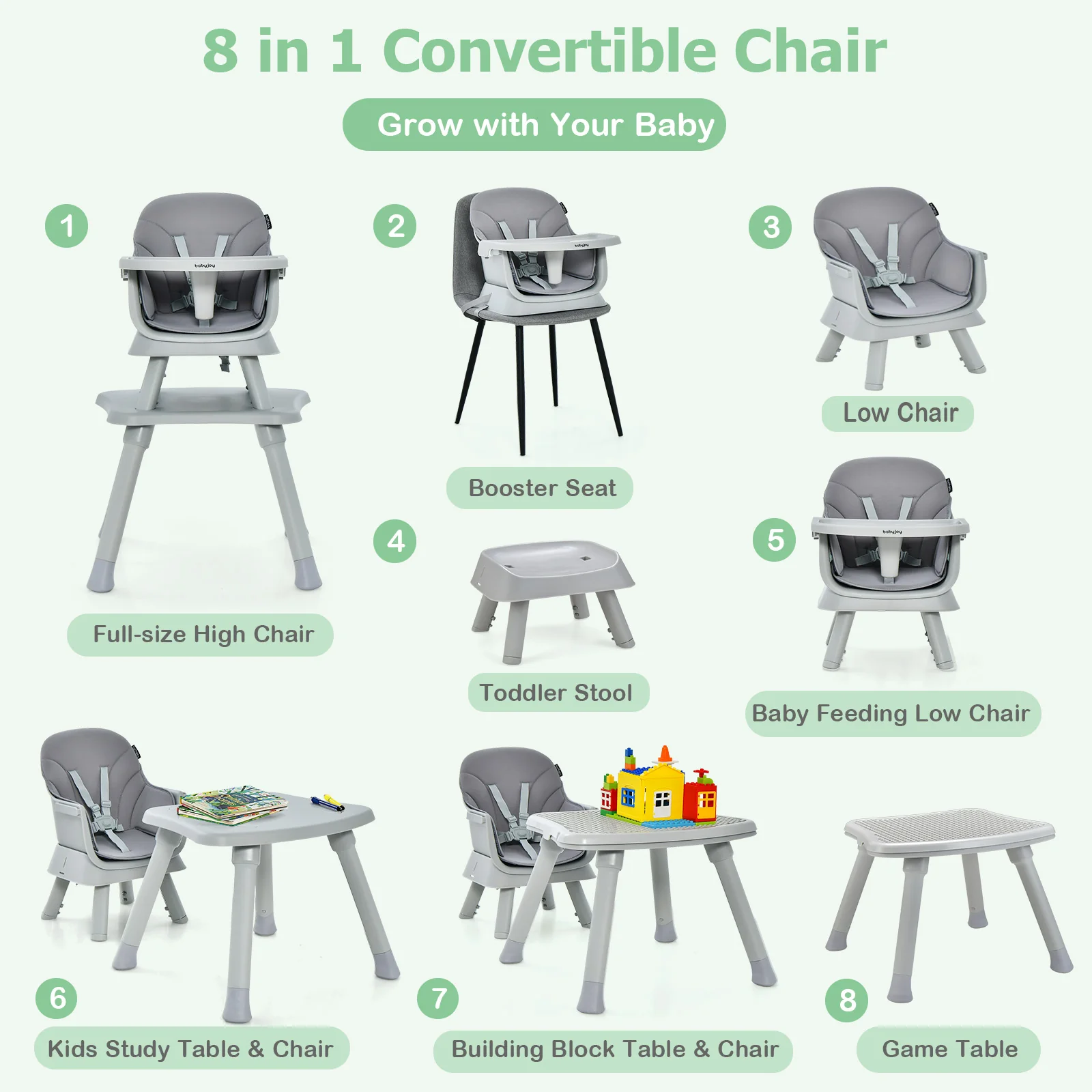 BABY JOY 8 in 1 Baby Highchair Convertible High Chair for Infants w/Adjustable & Washable Tray - Image 7