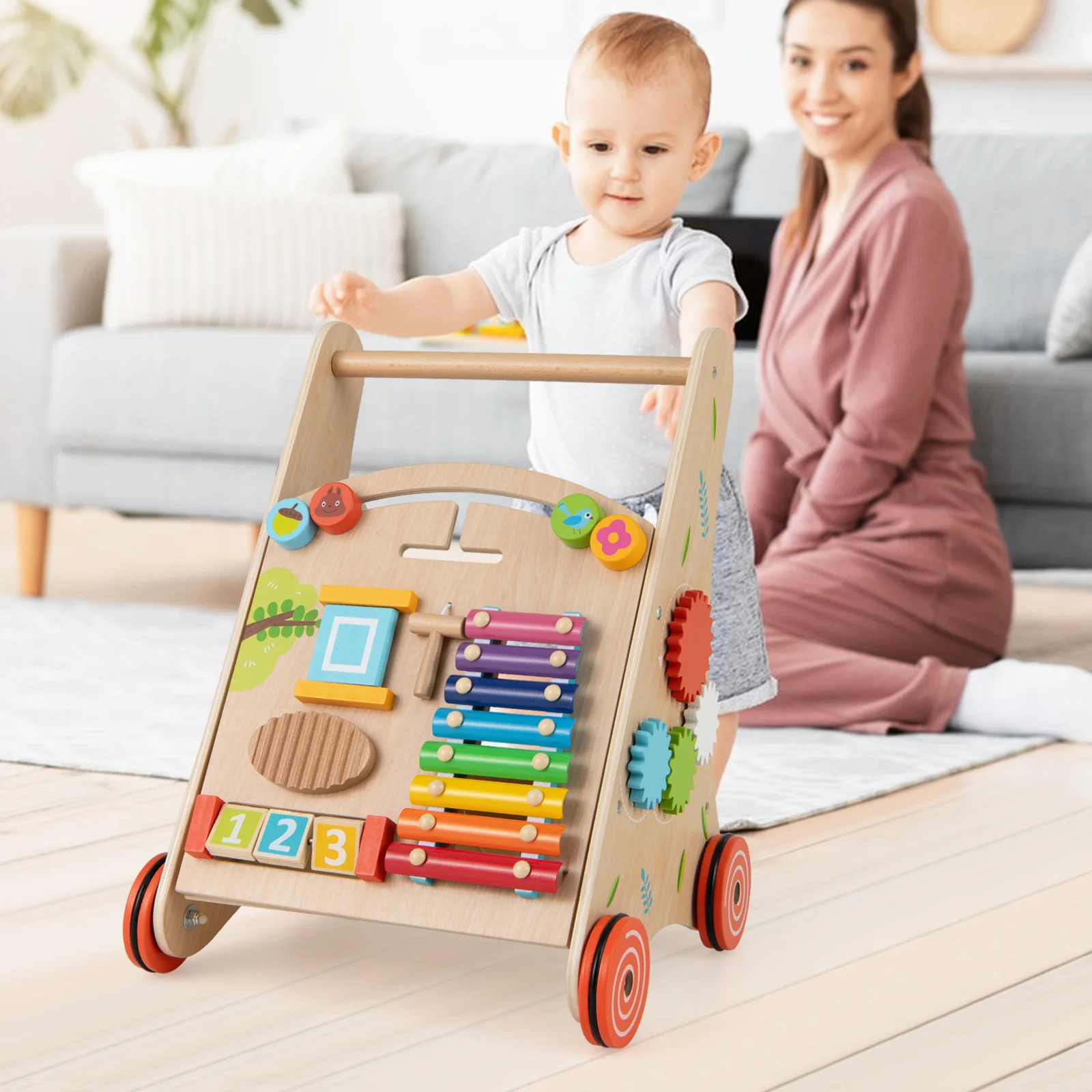 BABY JOY All-in-1 Wooden Baby Walker, Baby Push Walker with Handle - Image 10