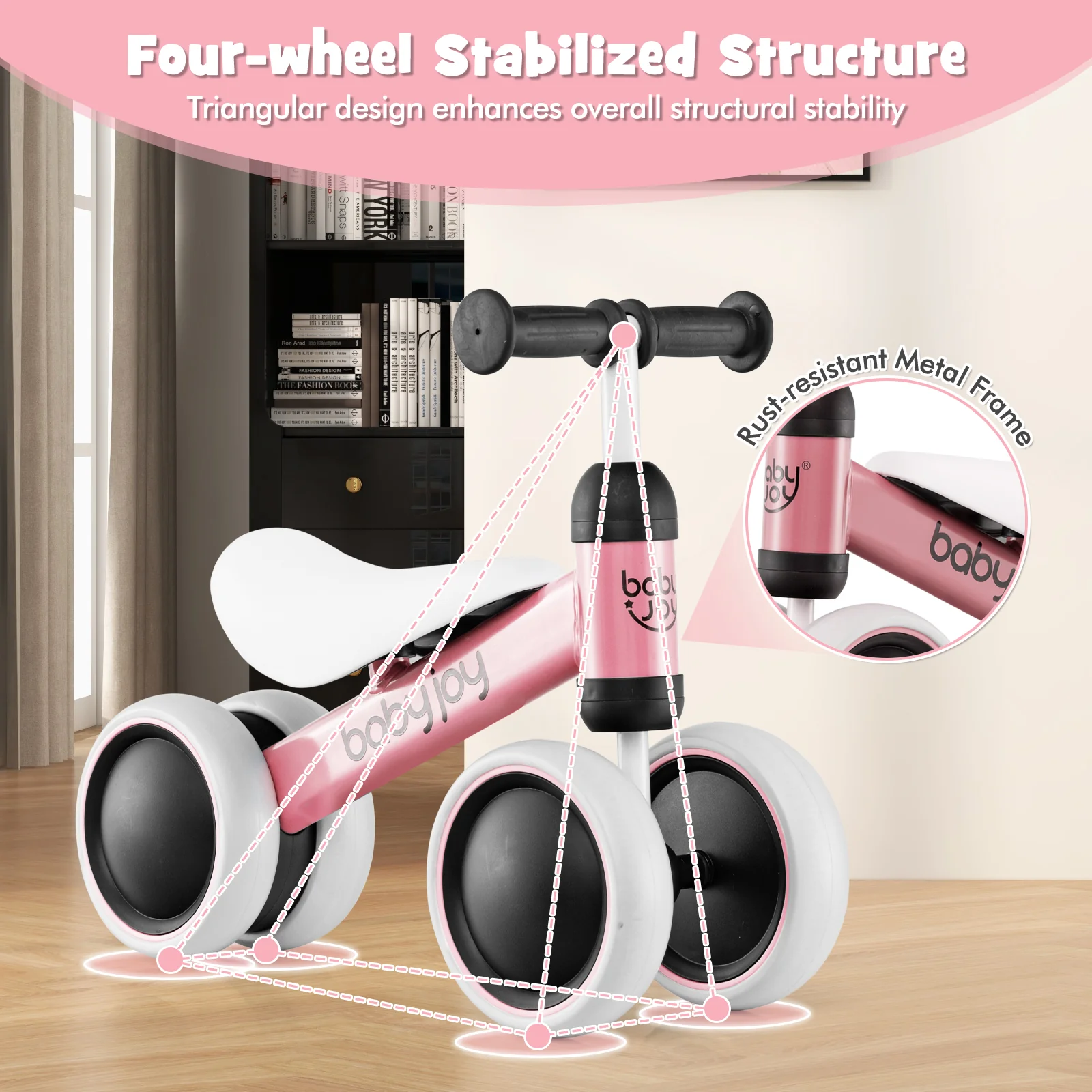 BABY JOY Baby Balance Bike, No Pedal Infant 4 Wheels Bicycle with Non-slip Handlerbar & Padded Saddle Seat - Image 5